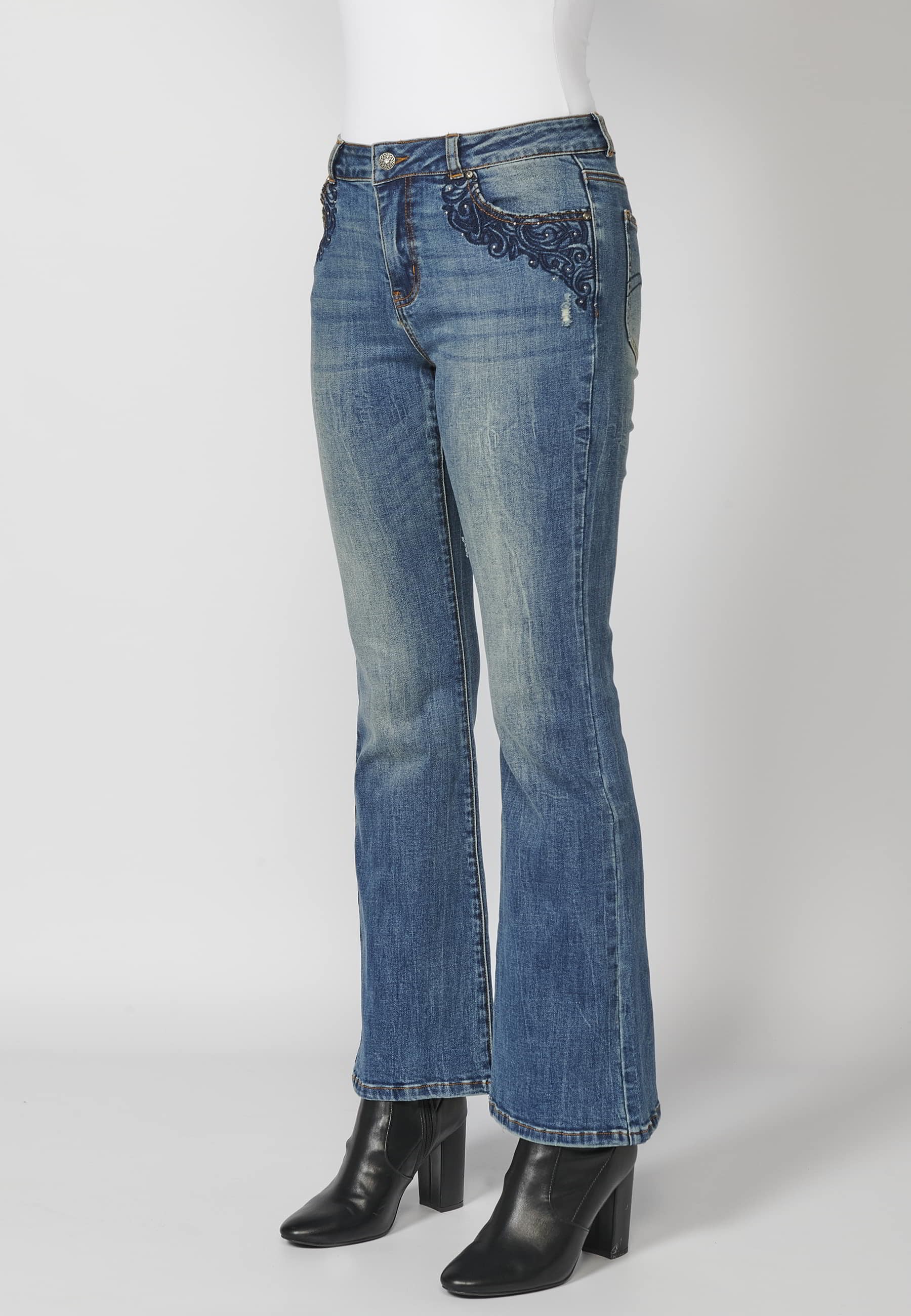 Long flared denim pants with embroidered details on the pockets in Dark Blue for Women