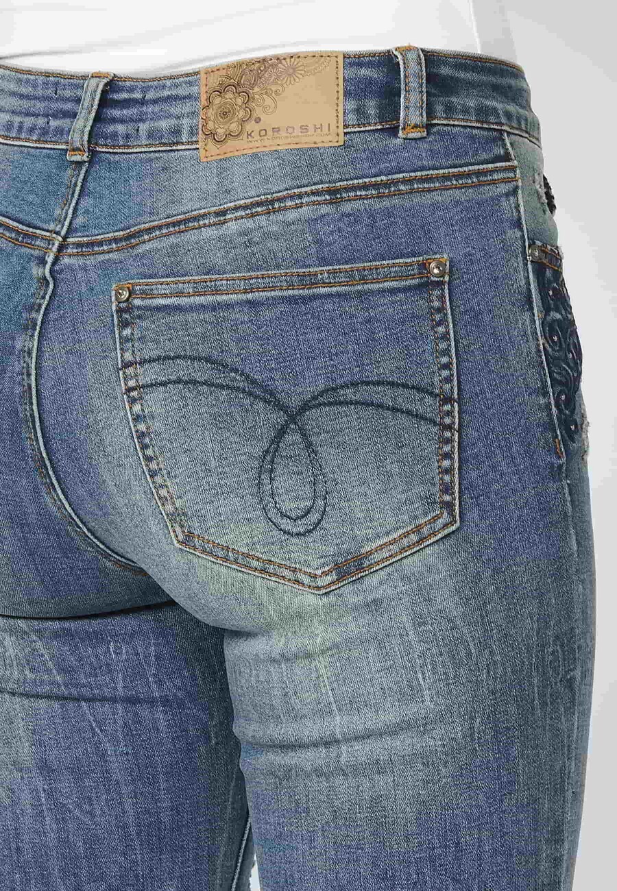 Long flared denim pants with embroidered details on the pockets in Dark Blue for Women 7
