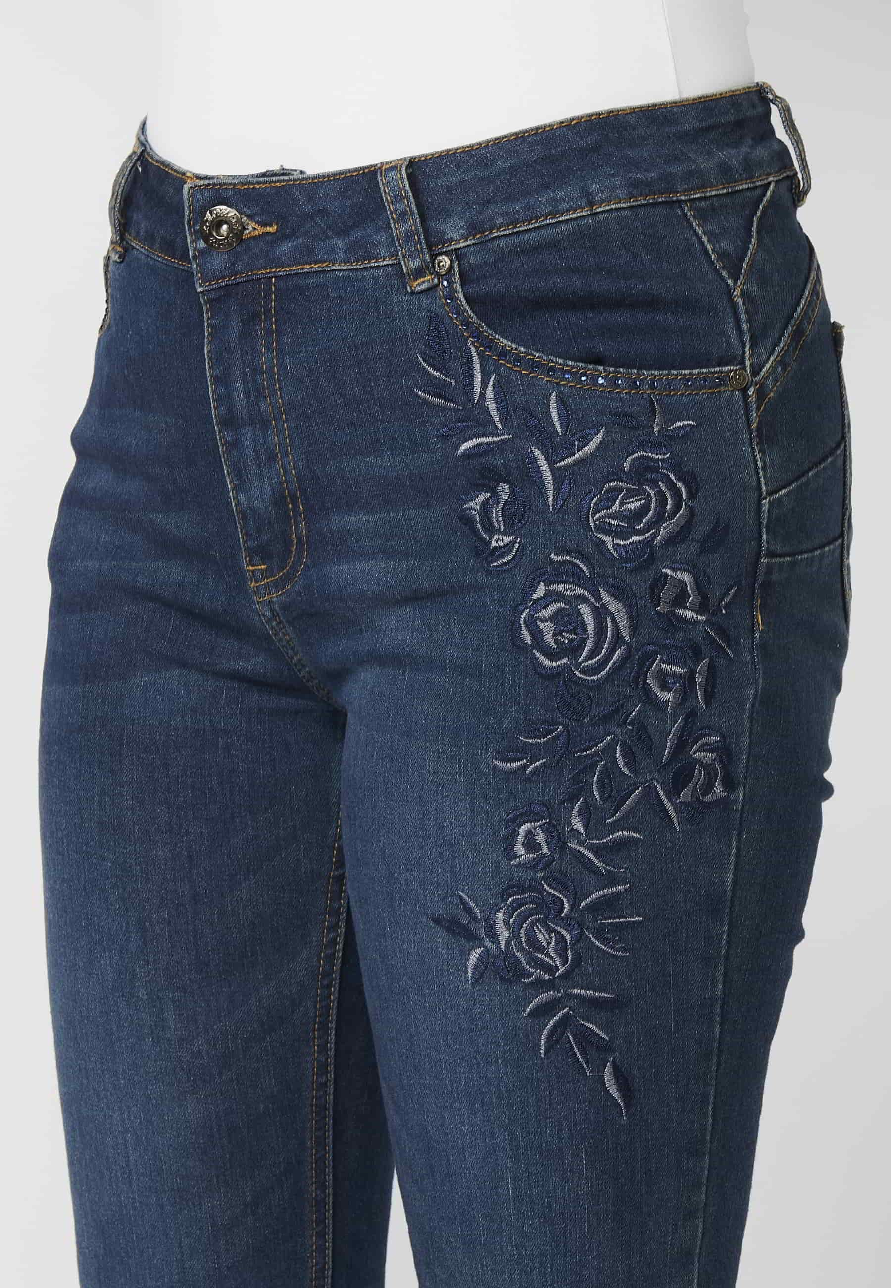 Long denim pants with floral embroidered detail in Dark Blue for Women