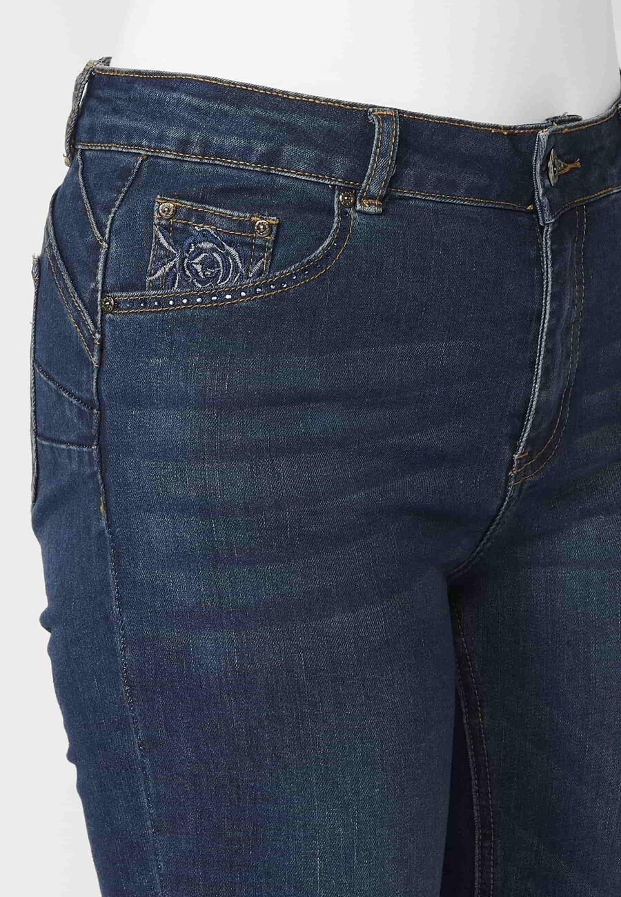 Long denim pants with floral embroidered detail in Dark Blue for Women 10