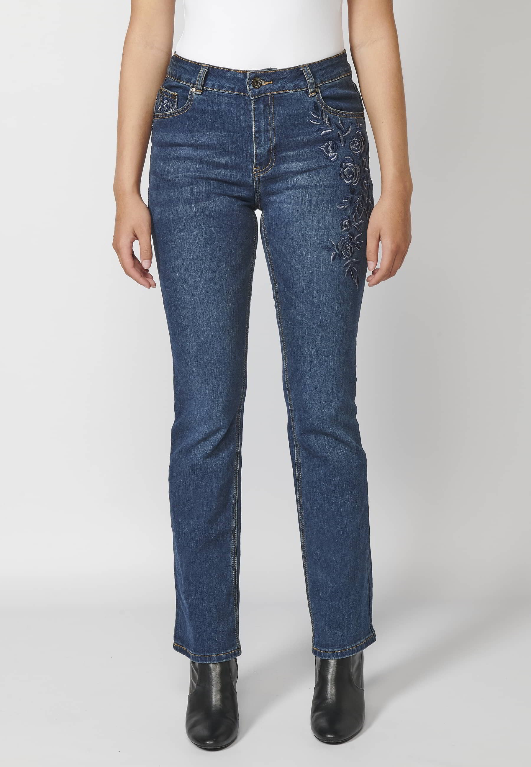Long denim pants with floral embroidered detail in Dark Blue for Women