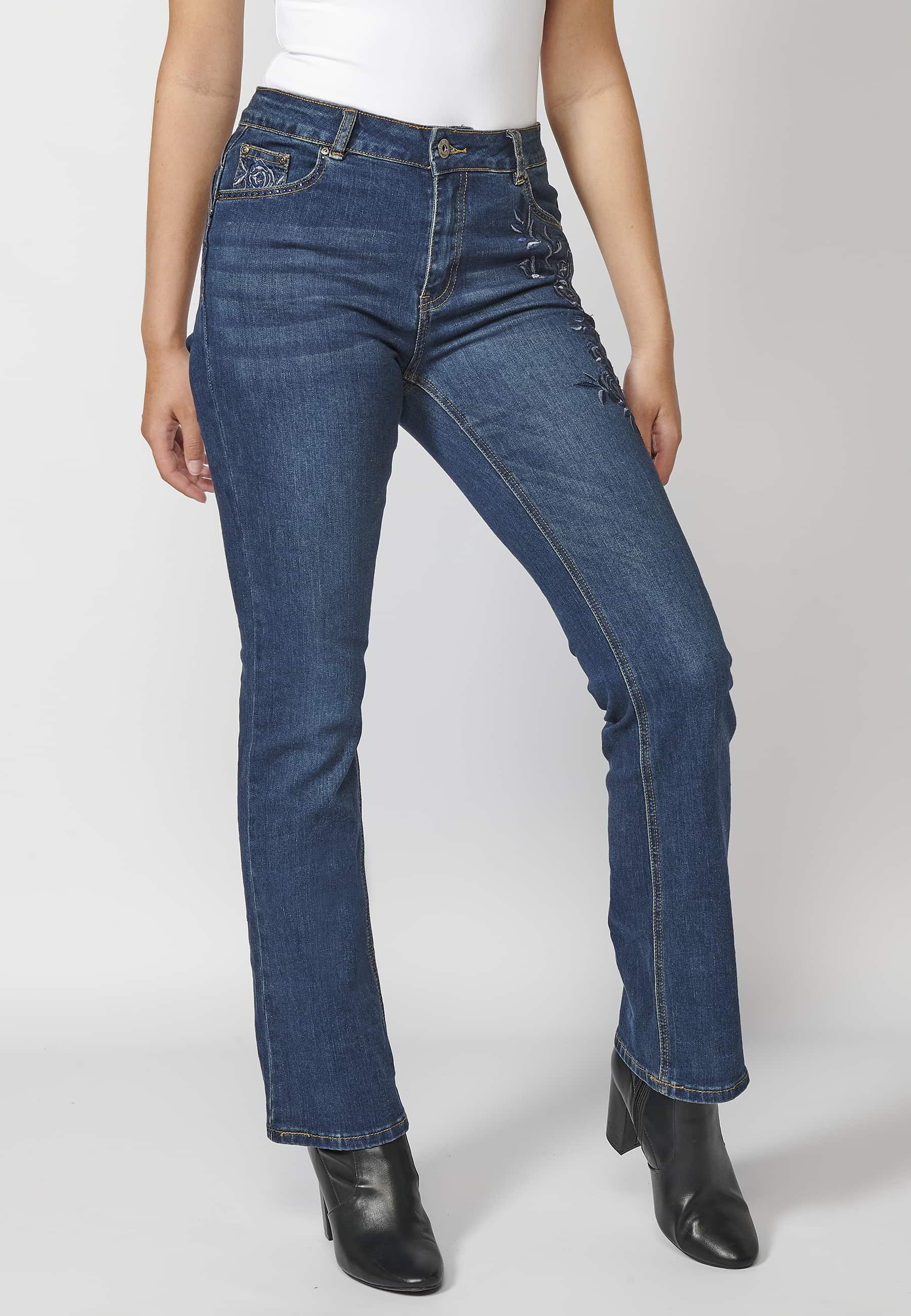 Long denim pants with floral embroidered detail in Dark Blue for Women