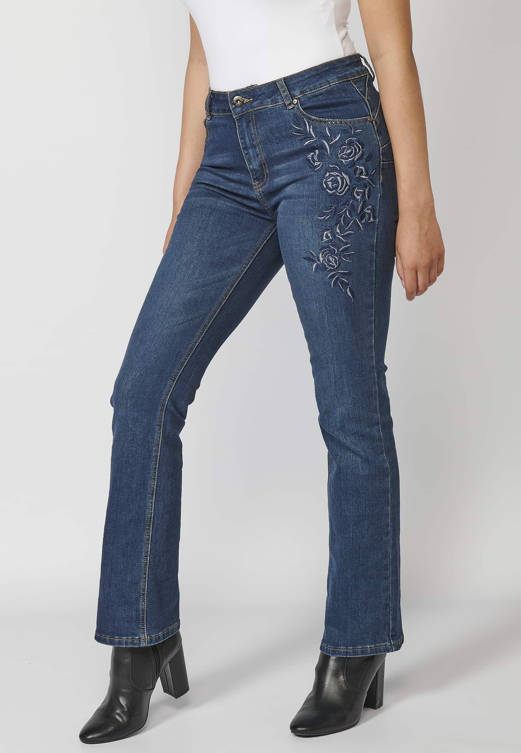 Long denim pants with floral embroidered detail in Dark Blue for Women