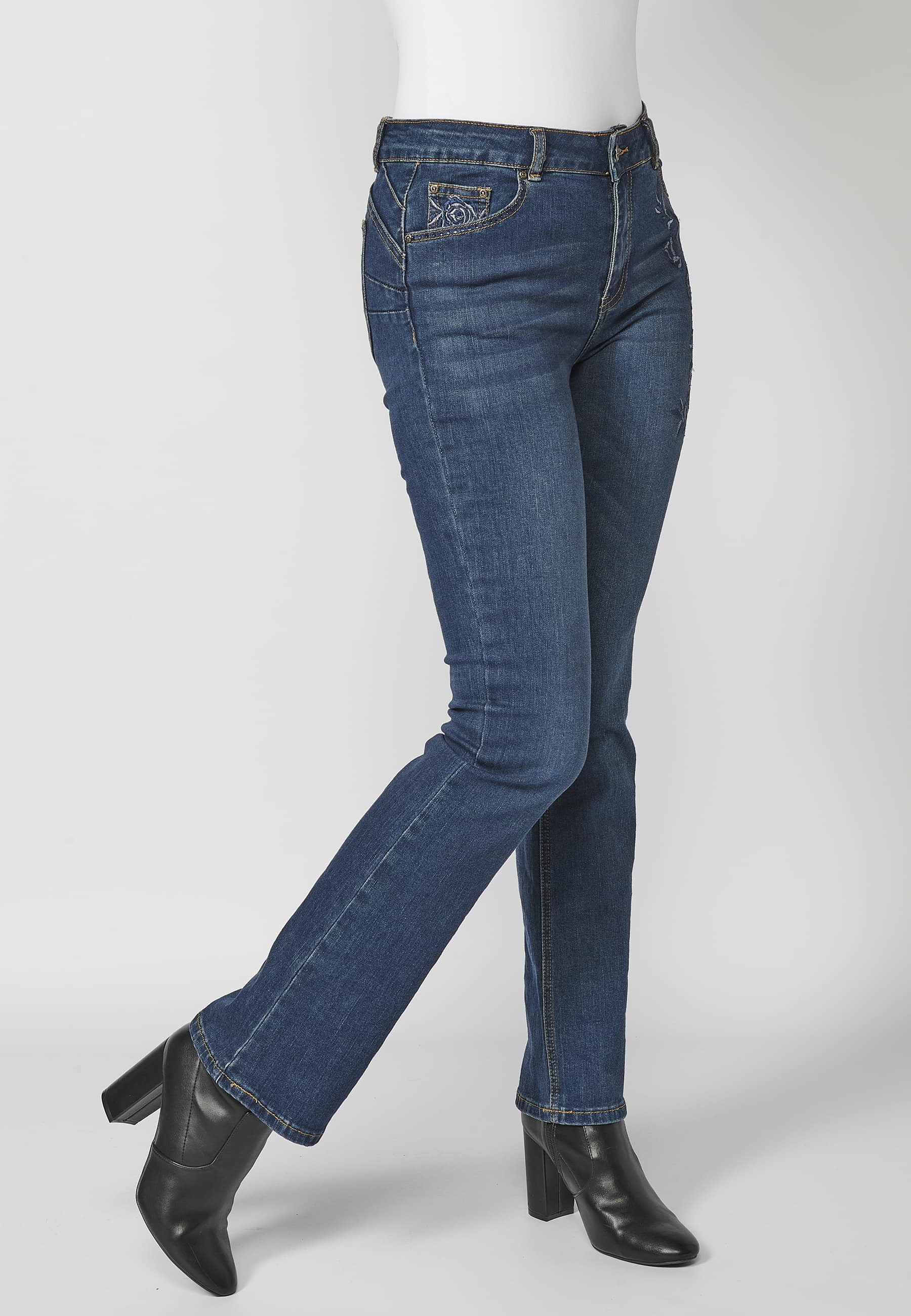 Long denim pants with floral embroidered detail in Dark Blue for Women