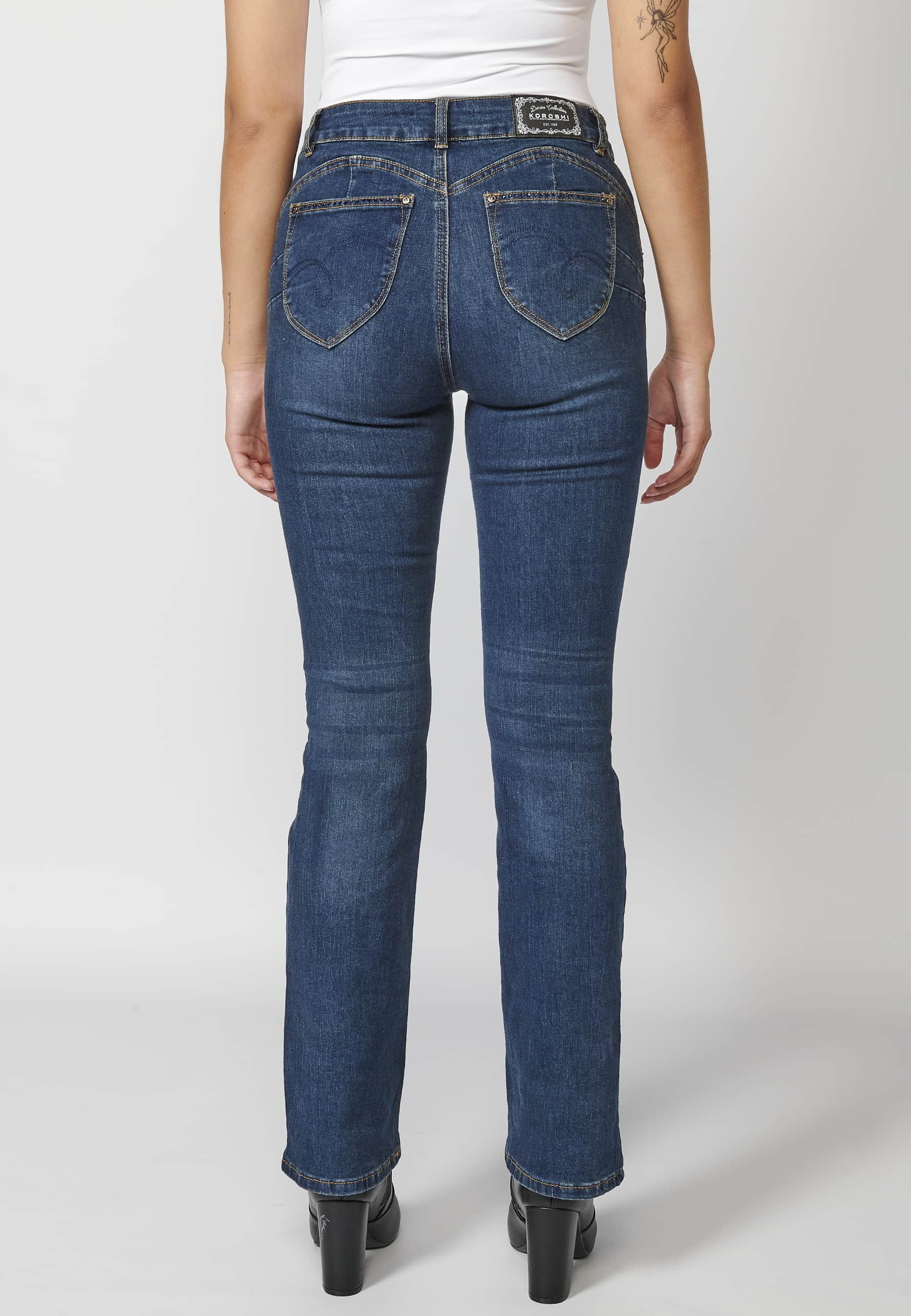 Long denim pants with floral embroidered detail in Dark Blue for Women