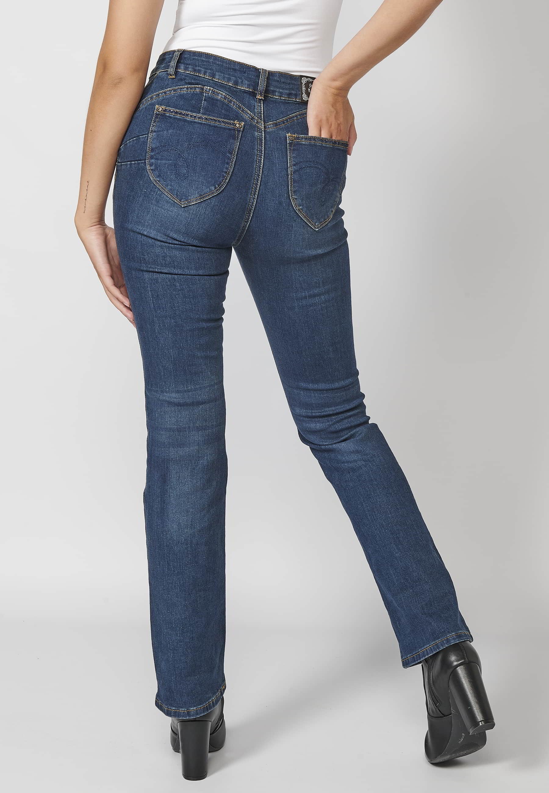 Long denim pants with floral embroidered detail in Dark Blue for Women