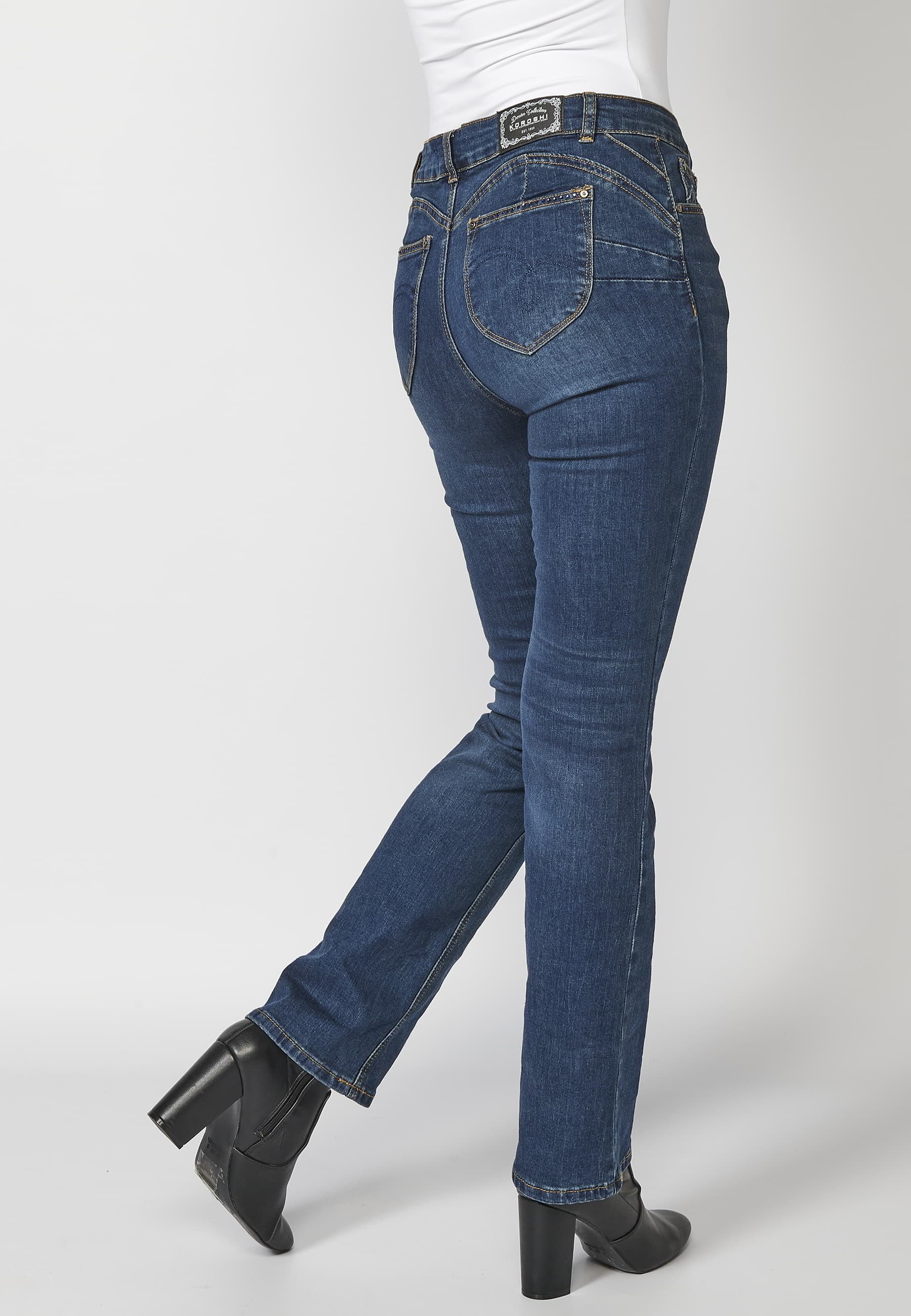 Long denim pants with floral embroidered detail in Dark Blue for Women