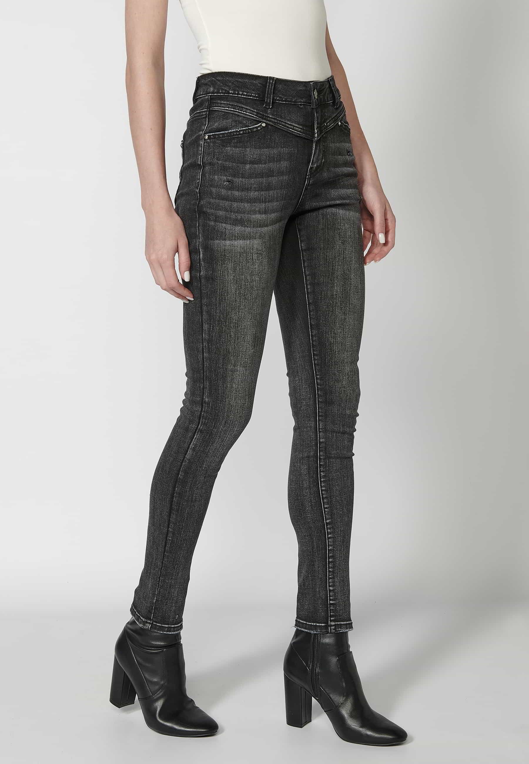 Long worn effect pants with torn detail in black for Women 1