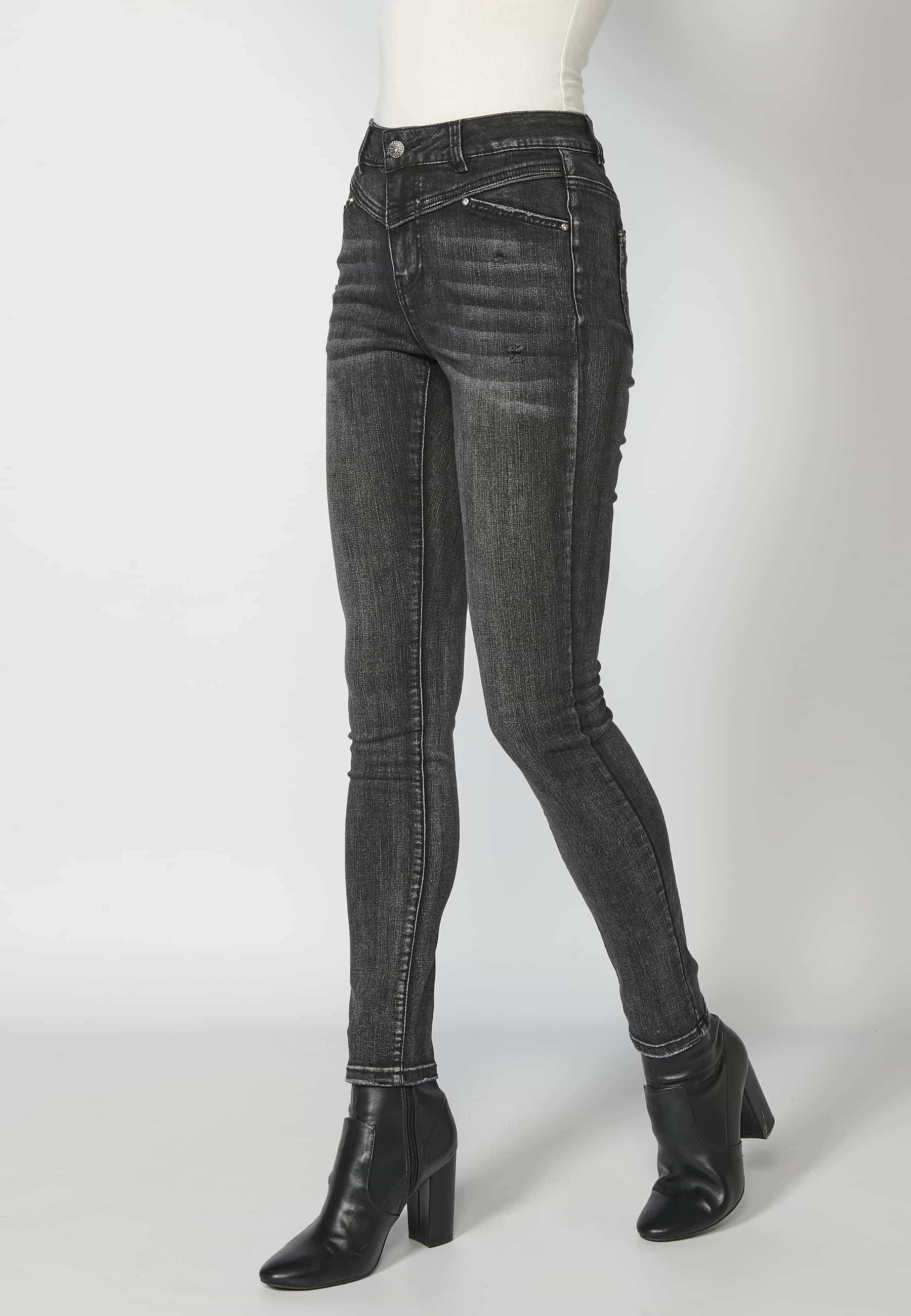 Long worn effect pants with torn detail in black for Women 4