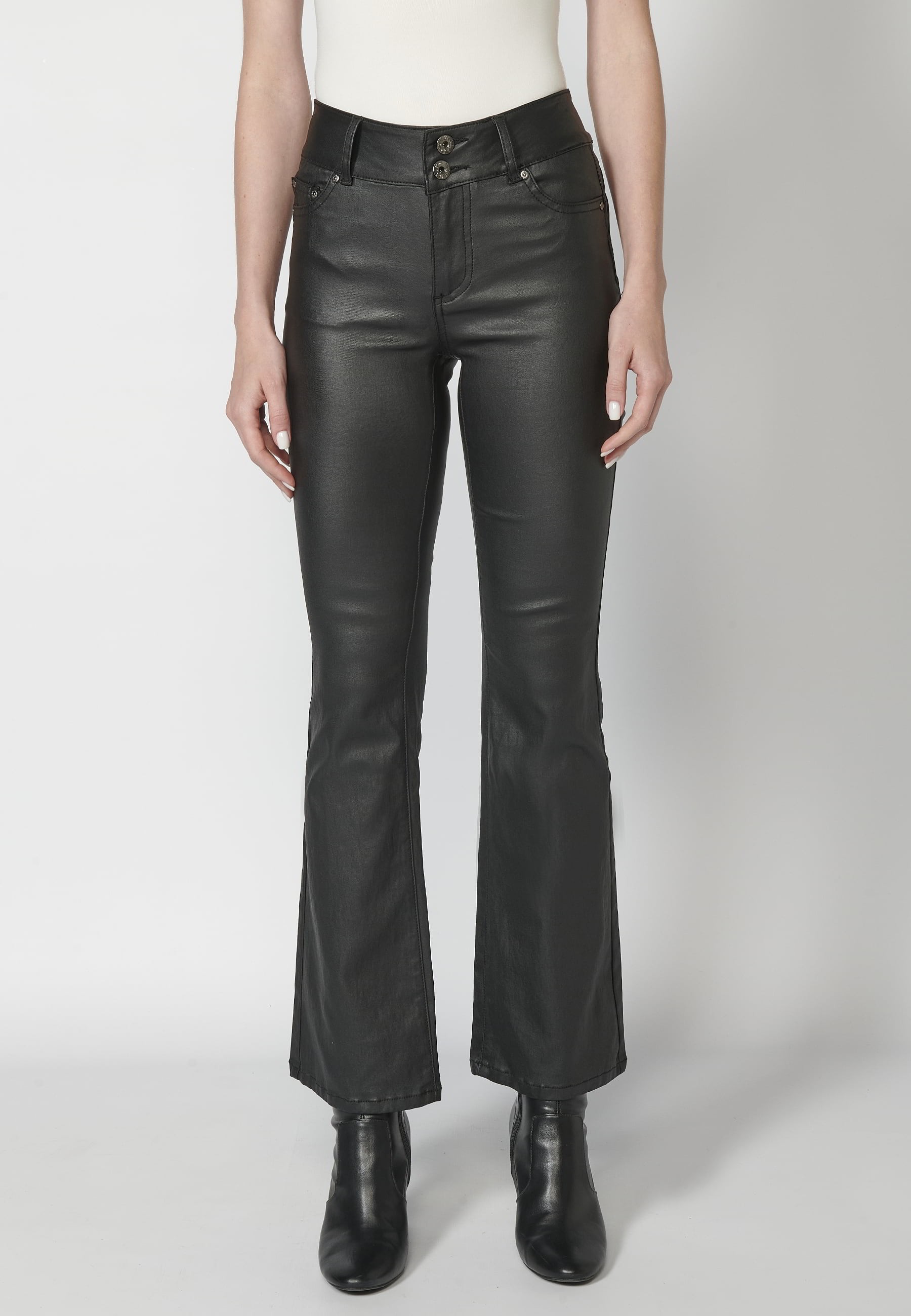 Black coated long flared pants for Women 2