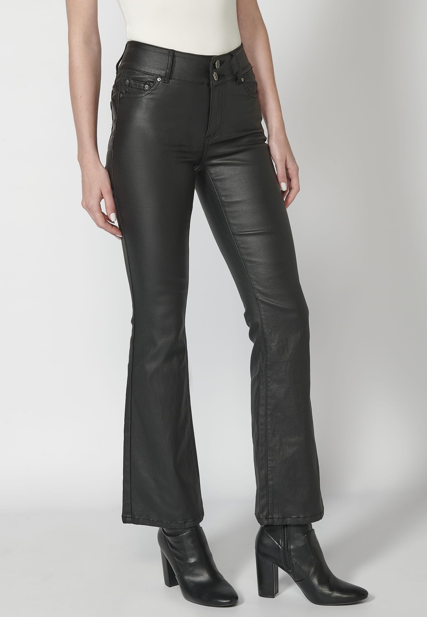 Pantalon évasé long enduit noir pour Femme 1
