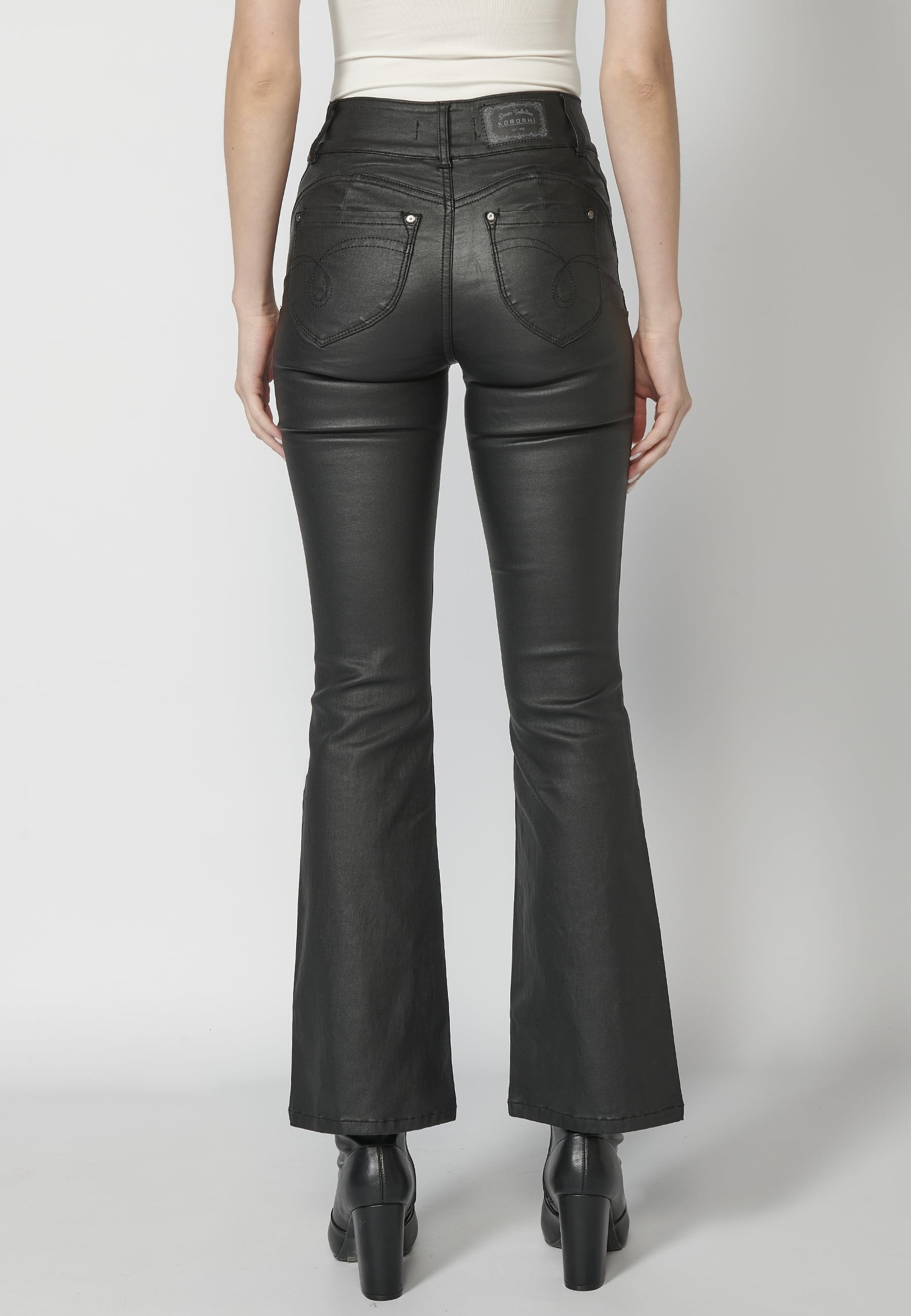 Black coated long flared pants for Women 4