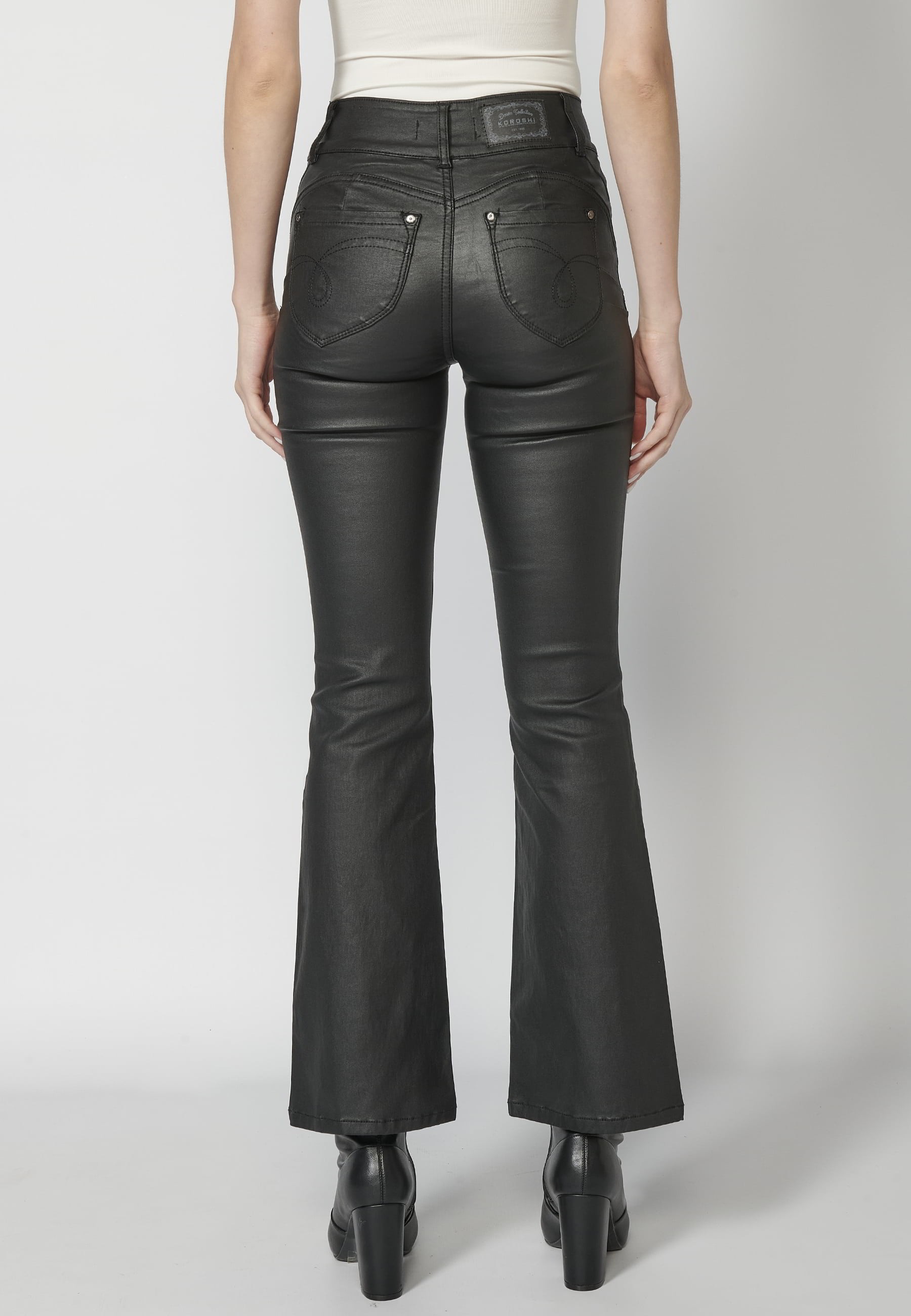 Pantalon évasé long enduit noir pour Femme 4