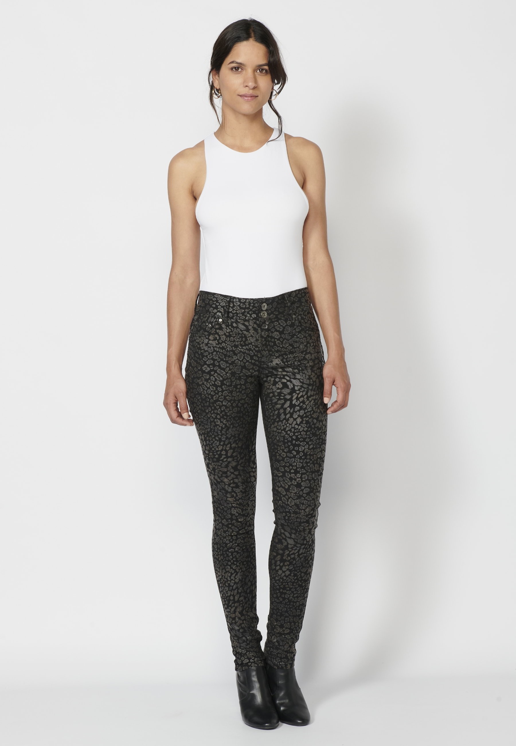 Schwarze lange Slim-Fit-Hose mit Animal-Print für Damen