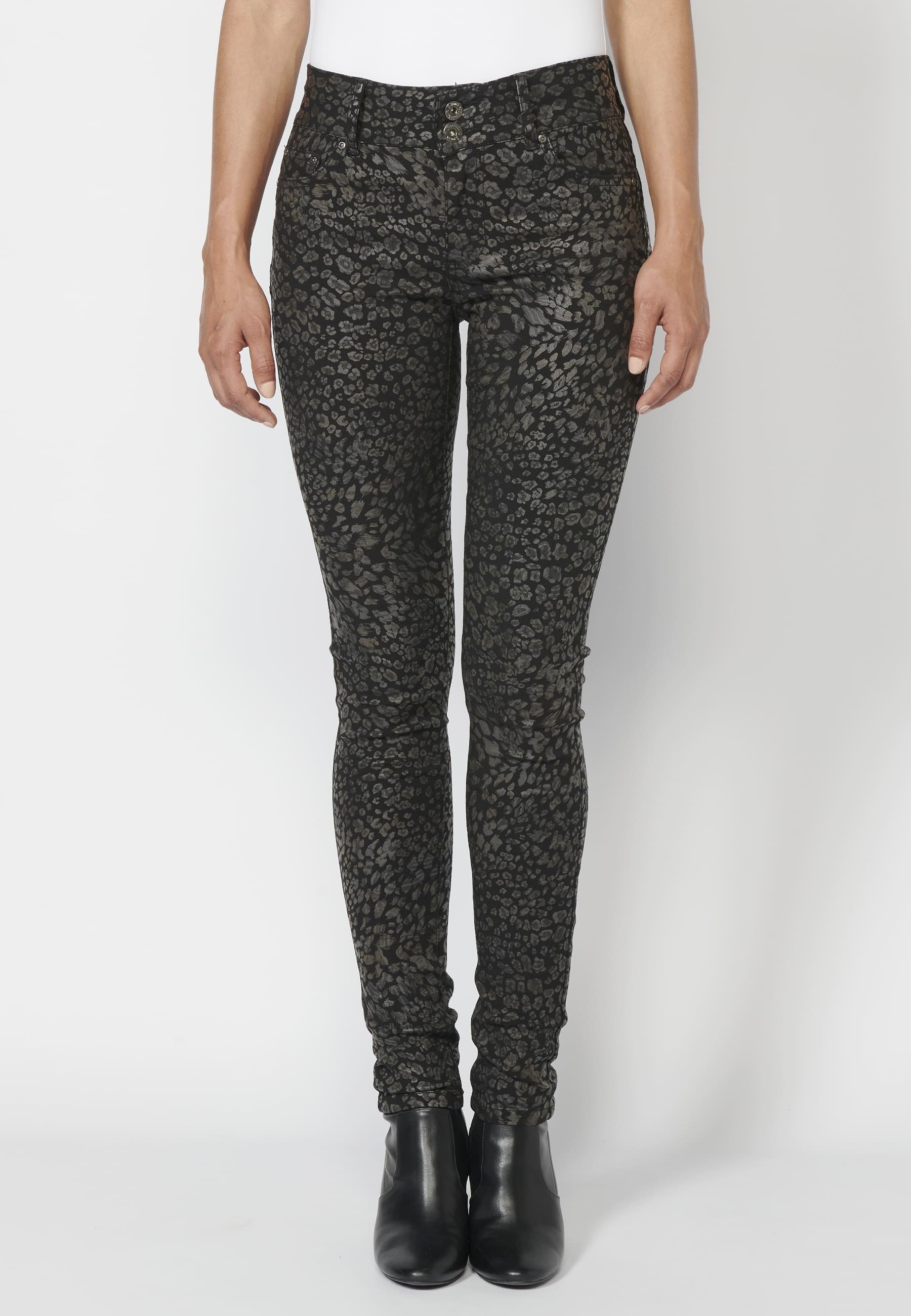 Schwarze lange Slim-Fit-Hose mit Animal-Print für Damen 2