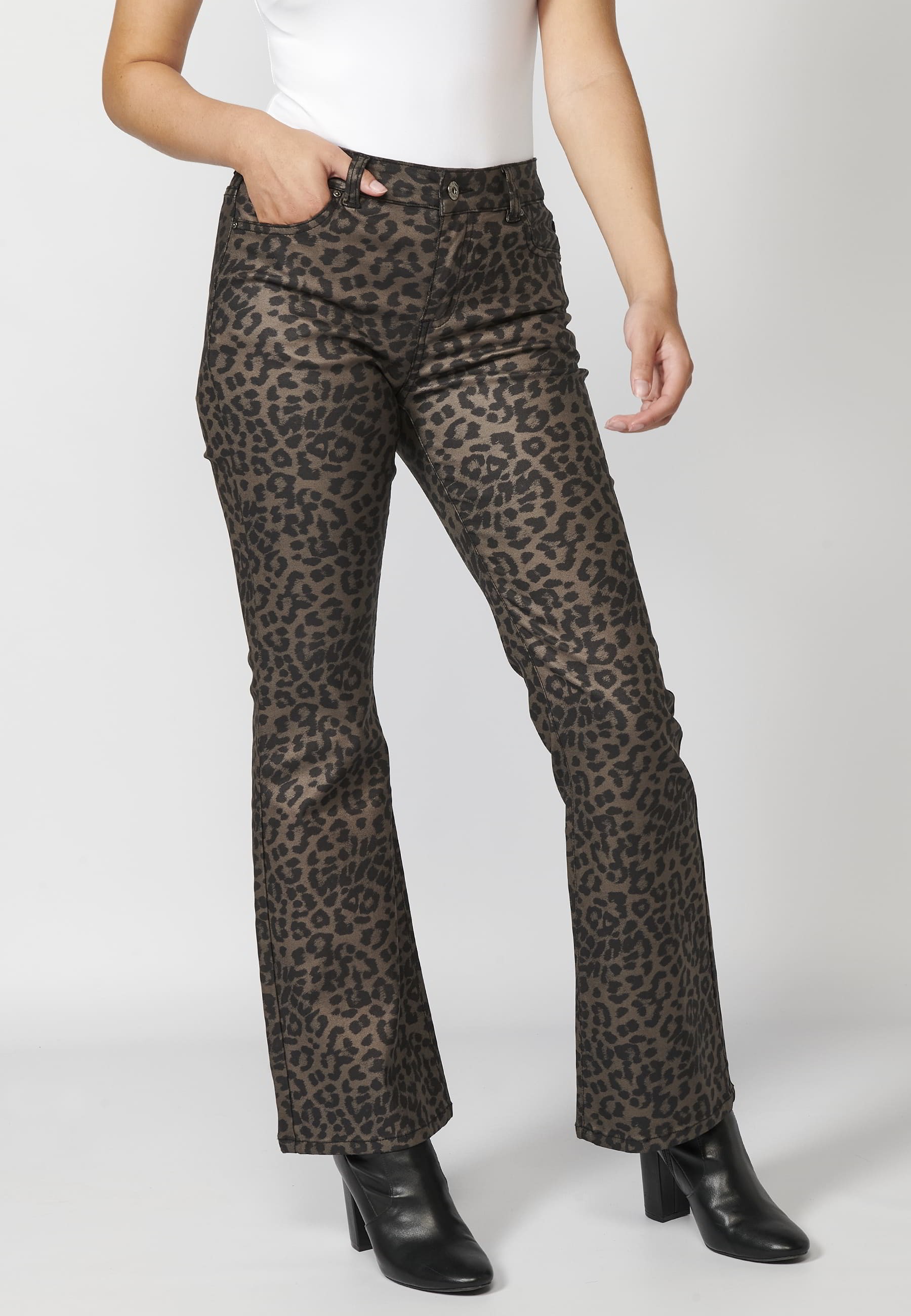 Long flared pants with animal print in Black for Women