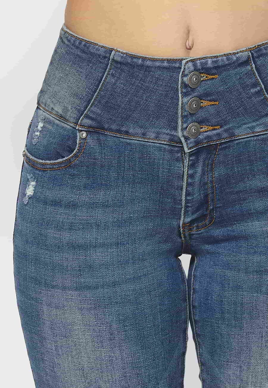 Pantalón largo denim slim fit con cintura fajín y detalles rotos color azul para mujer | Moda Actual 7