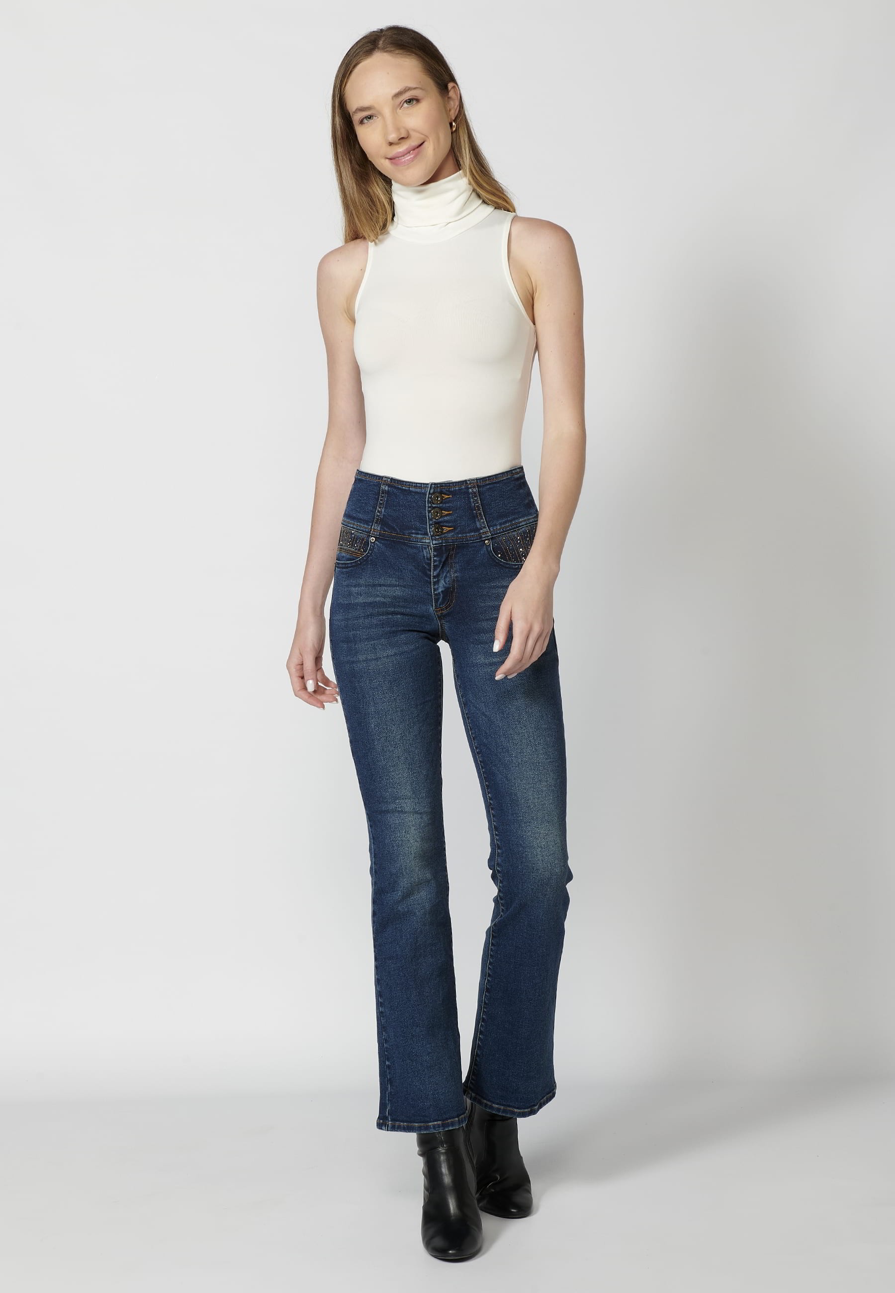 Pantalon long taille évasée avec ceinture bleu foncé pour Femme