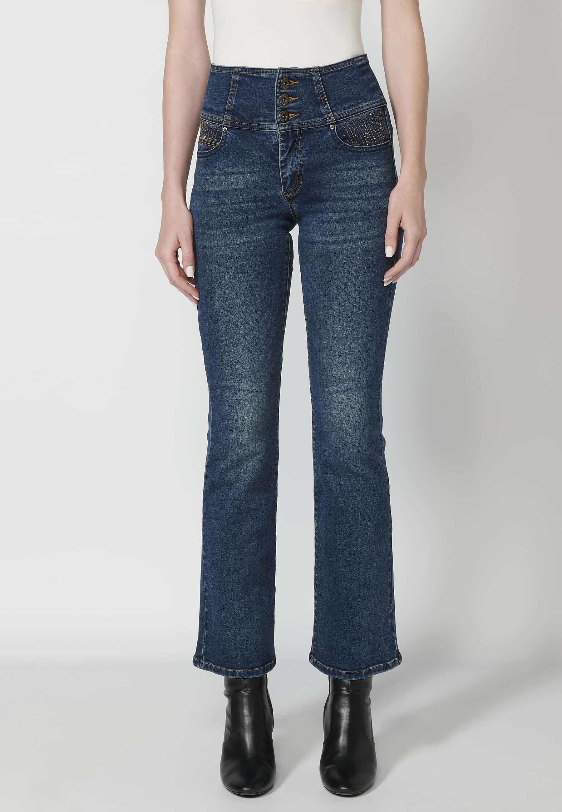 Pantalon long taille évasée avec ceinture bleu foncé pour Femme 3