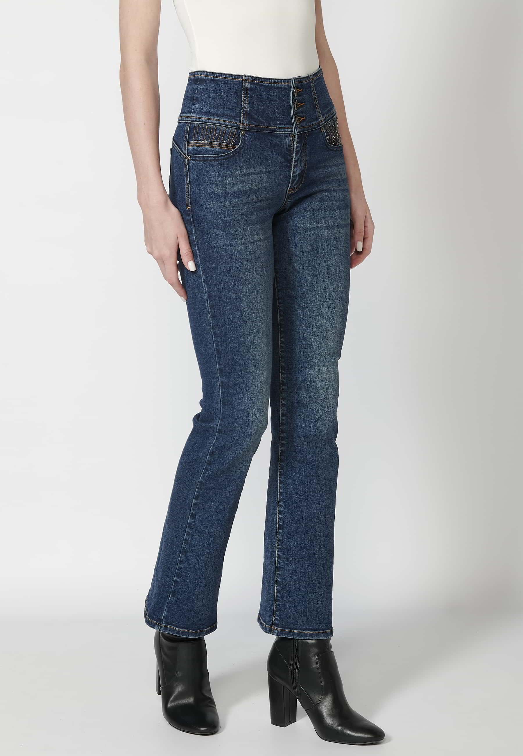 Pantalon long taille évasée avec ceinture bleu foncé pour Femme 4