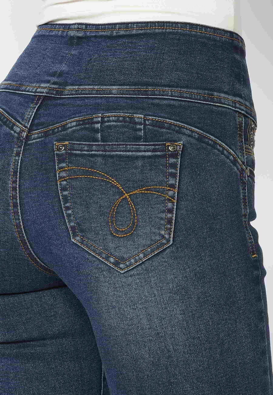 Pantalon long taille évasée avec ceinture bleu foncé pour Femme 6