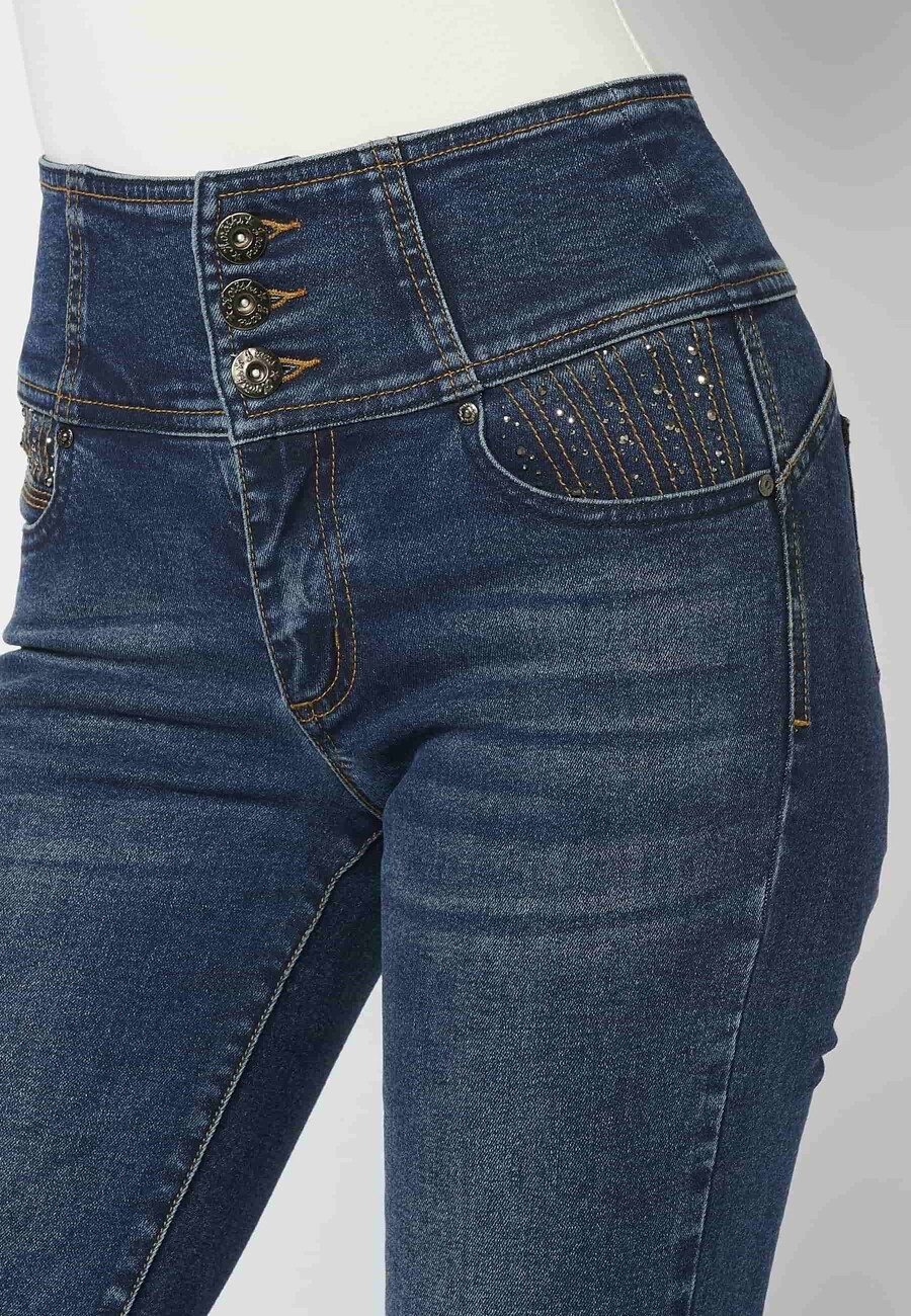 Pantalon long taille évasée avec ceinture bleu foncé pour Femme 7