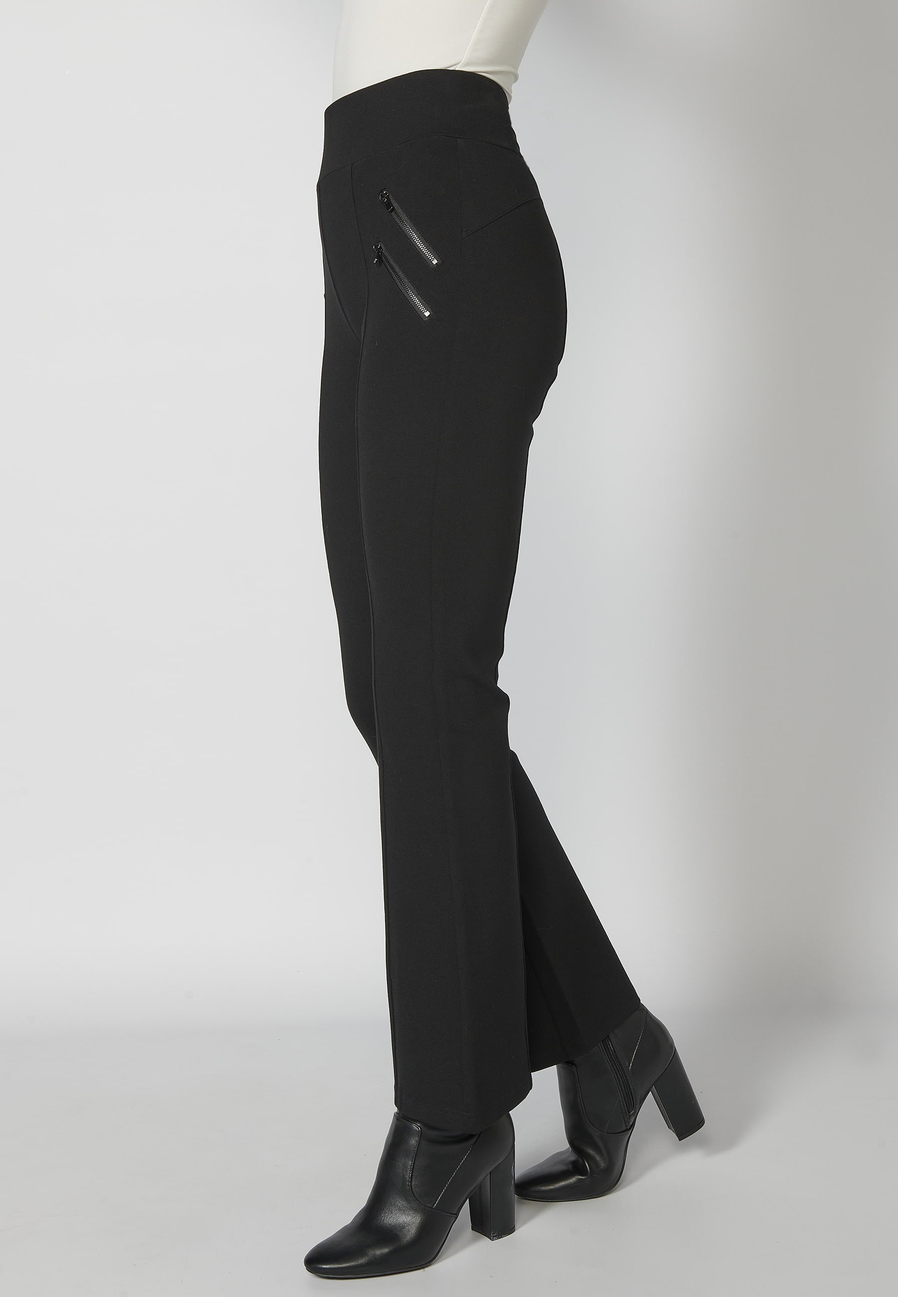 Black long flared pants with elastic waist for women 4
