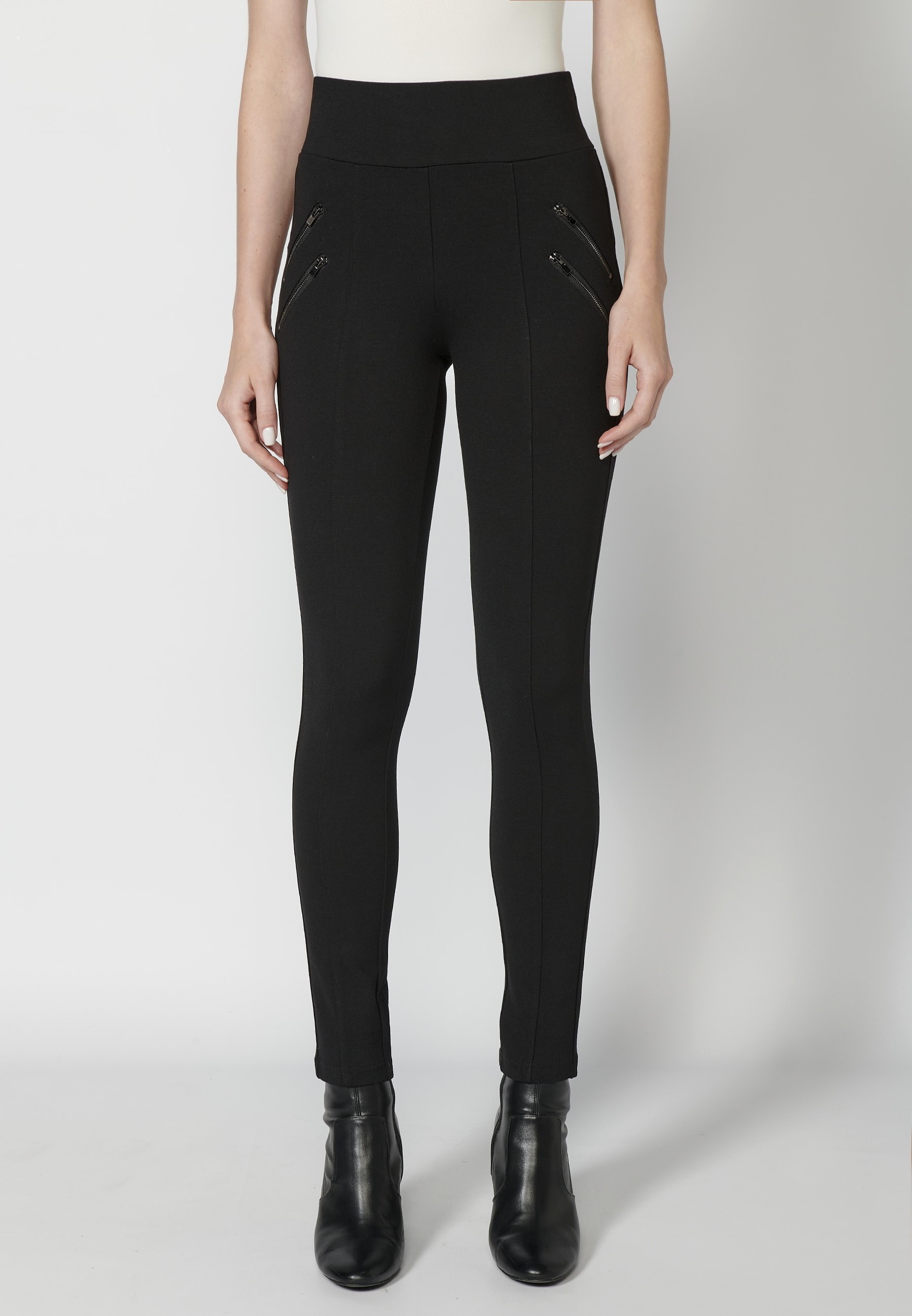 Pantalon long noir coupe slim avec taille caoutchoutée pour Femme