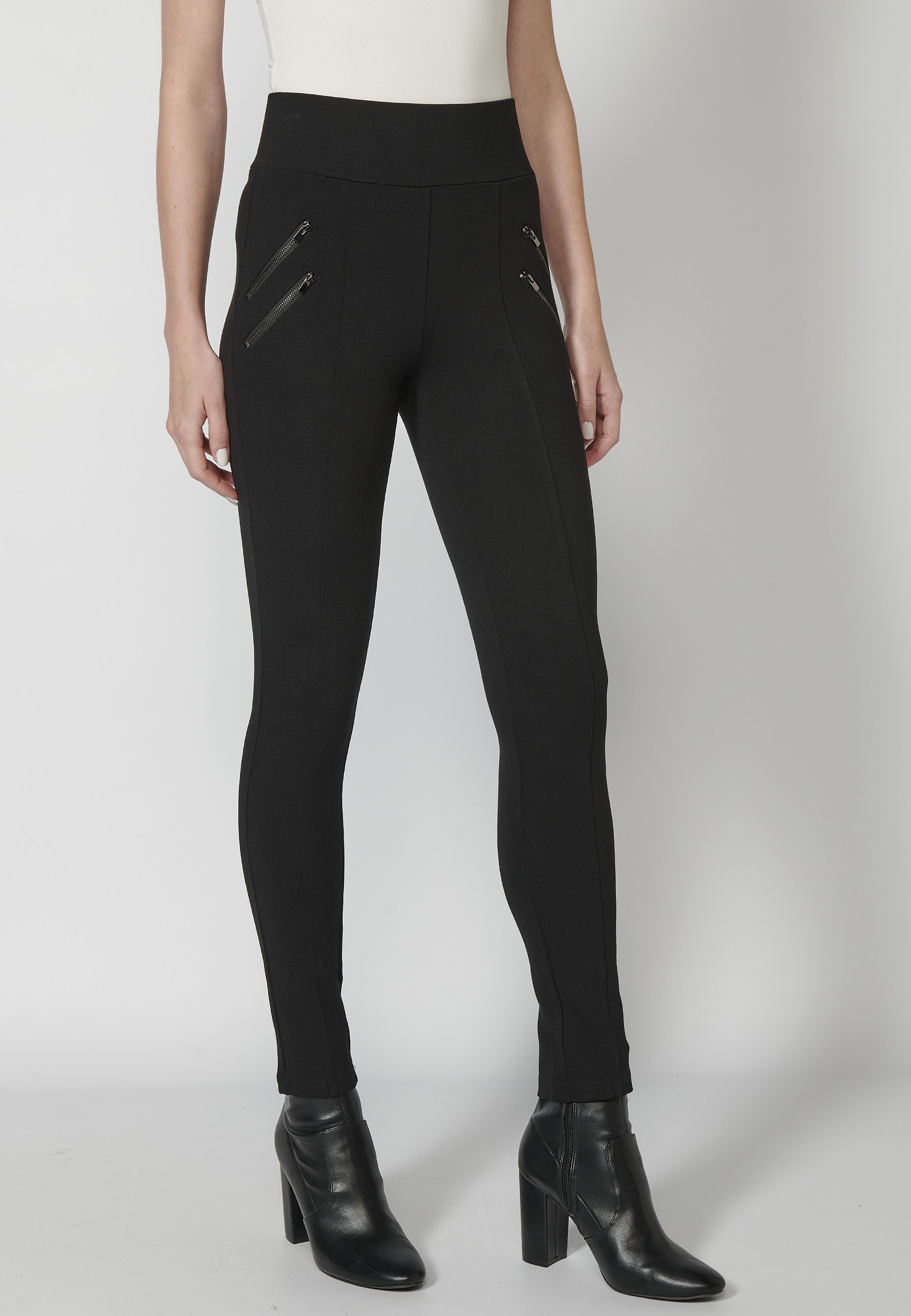 Pantalon long noir coupe slim avec taille caoutchoutée pour Femme