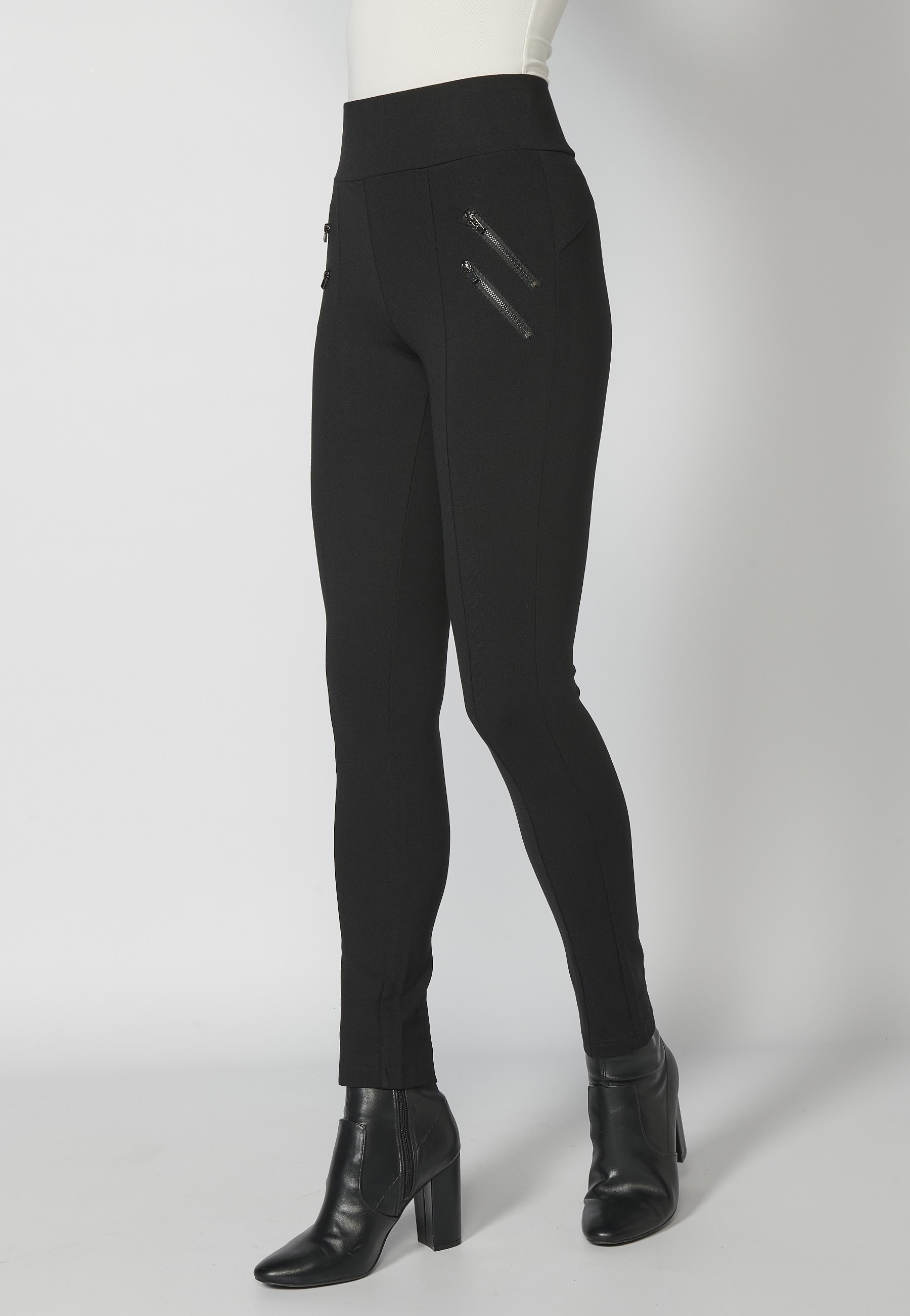 Pantalon long noir coupe slim avec taille caoutchoutée pour Femme