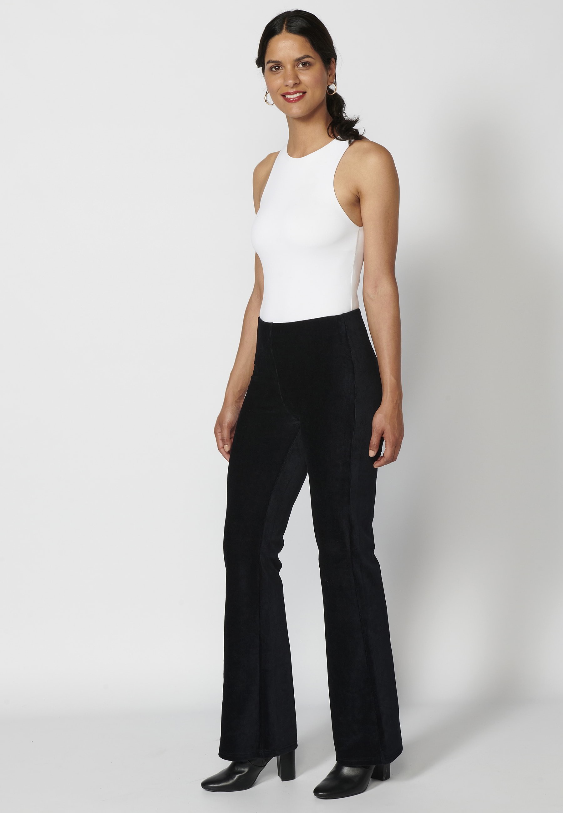 Black velvet microcorduroy long bell-shaped trousers for Woman