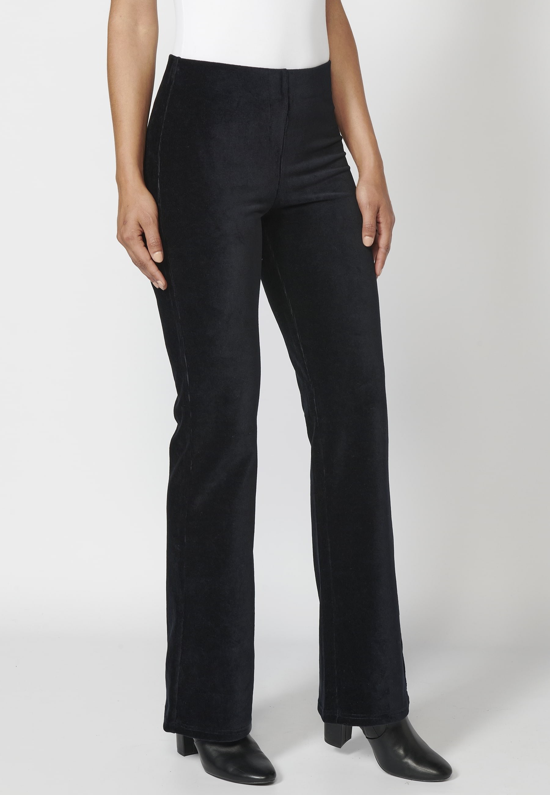 Black velvet microcorduroy long bell-shaped trousers for Woman