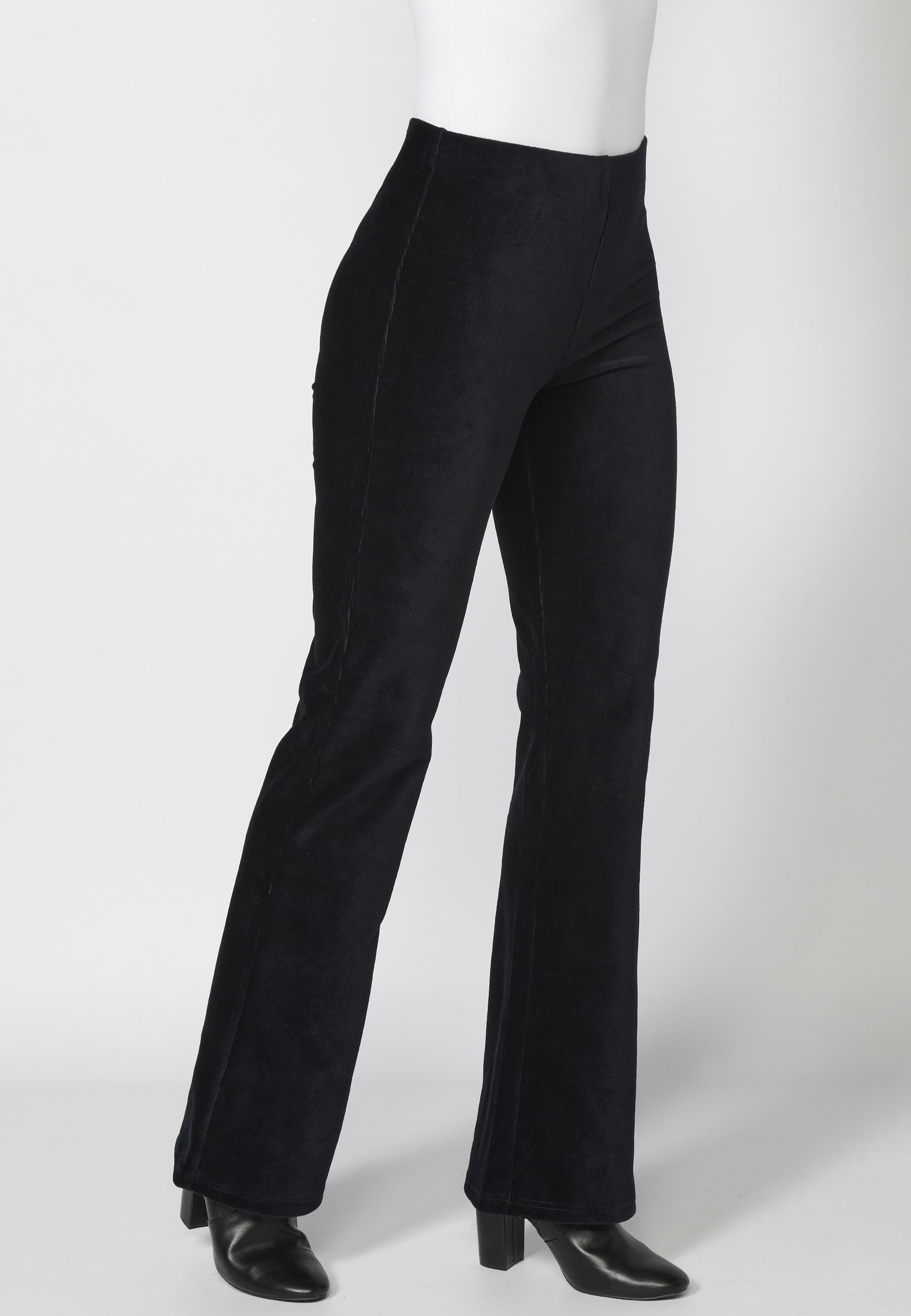 Black velvet microcorduroy long bell-shaped trousers for Woman