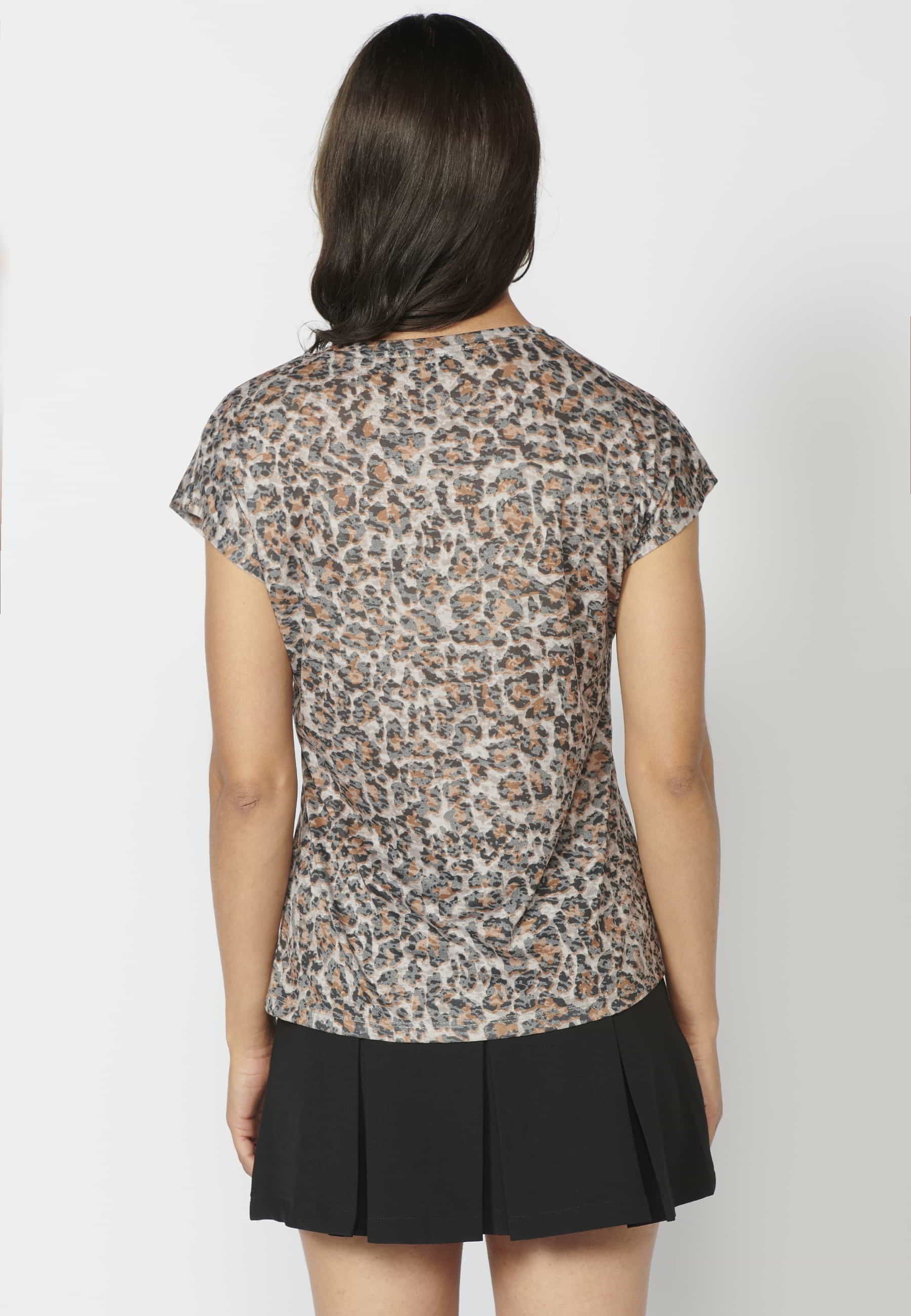 Brown Animal Print Short Sleeve Top for Women