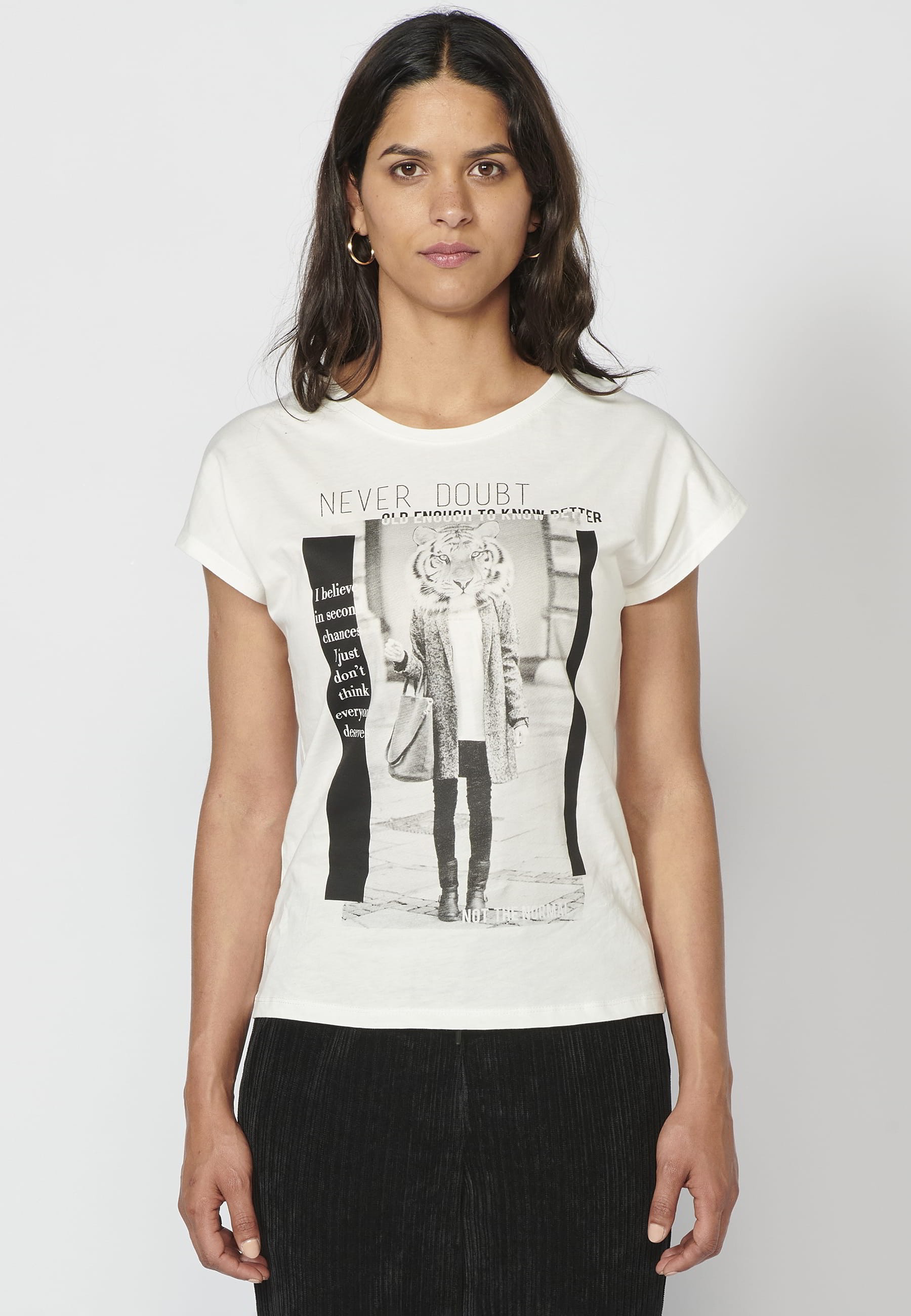 T-shirt à manches courtes en coton blanc avec col rond et imprimé devant pour Femme