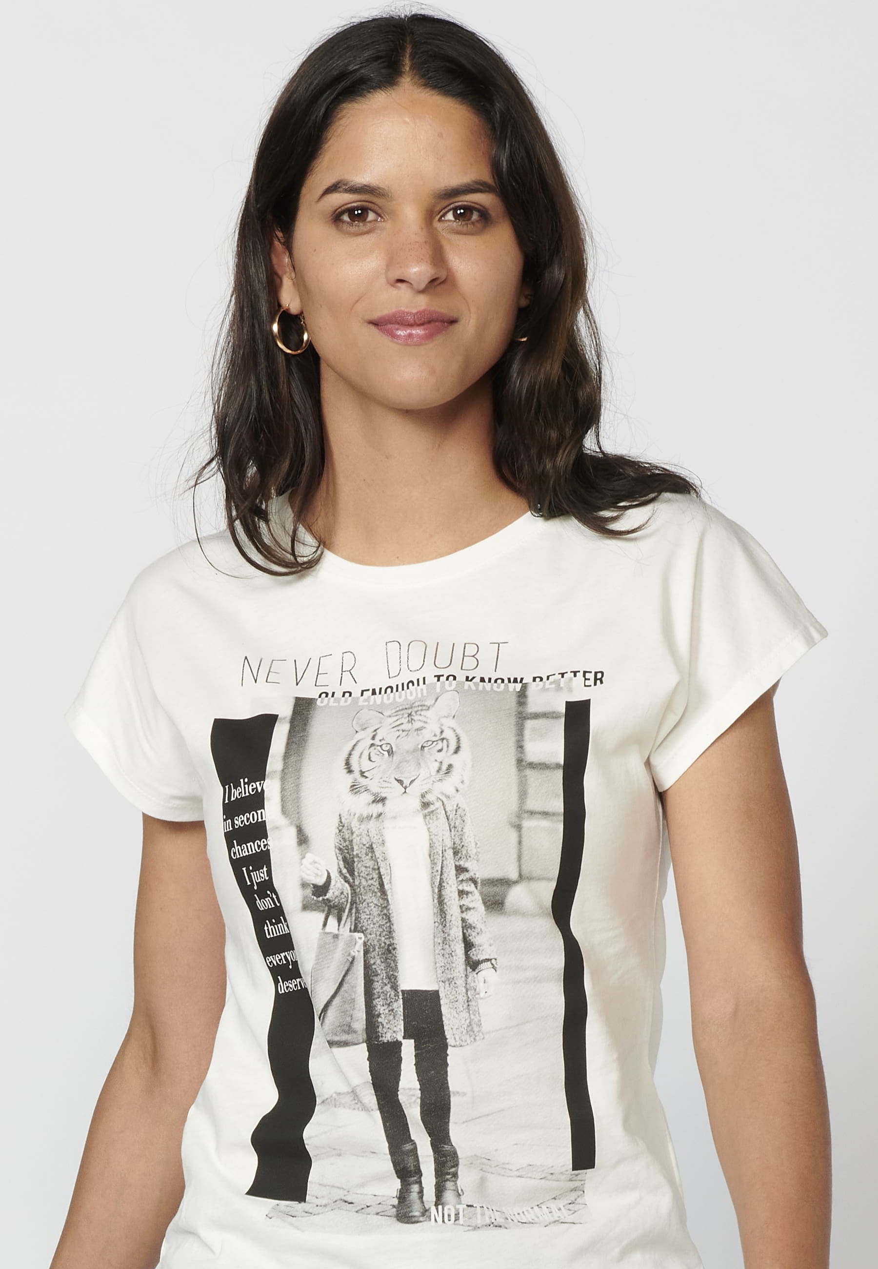 Camiseta top de manga corta de Algodón cuello redondo y estampado delantero color Blanco para Mujer
