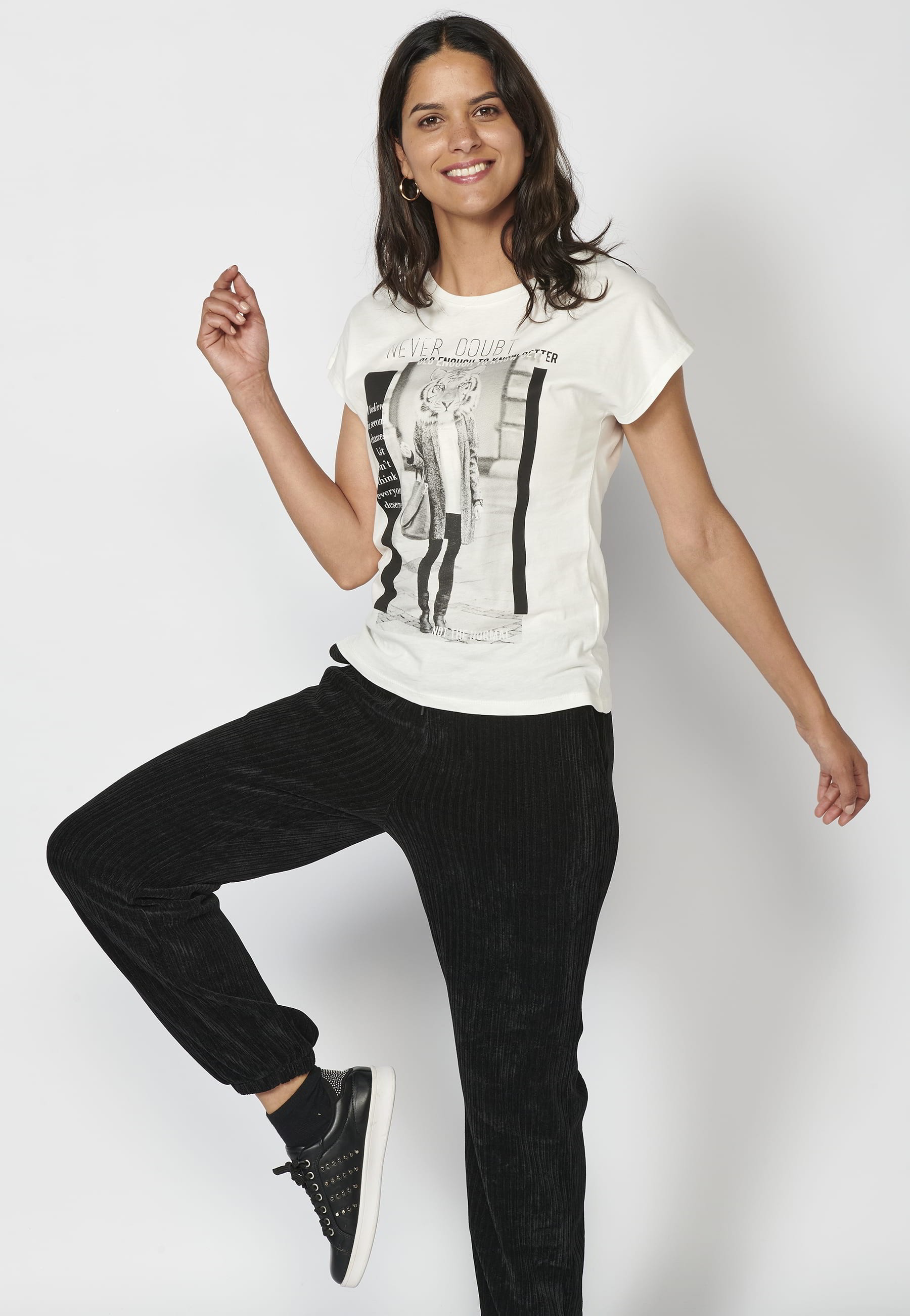 Camiseta top de manga corta de Algodón cuello redondo y estampado delantero color Blanco para Mujer