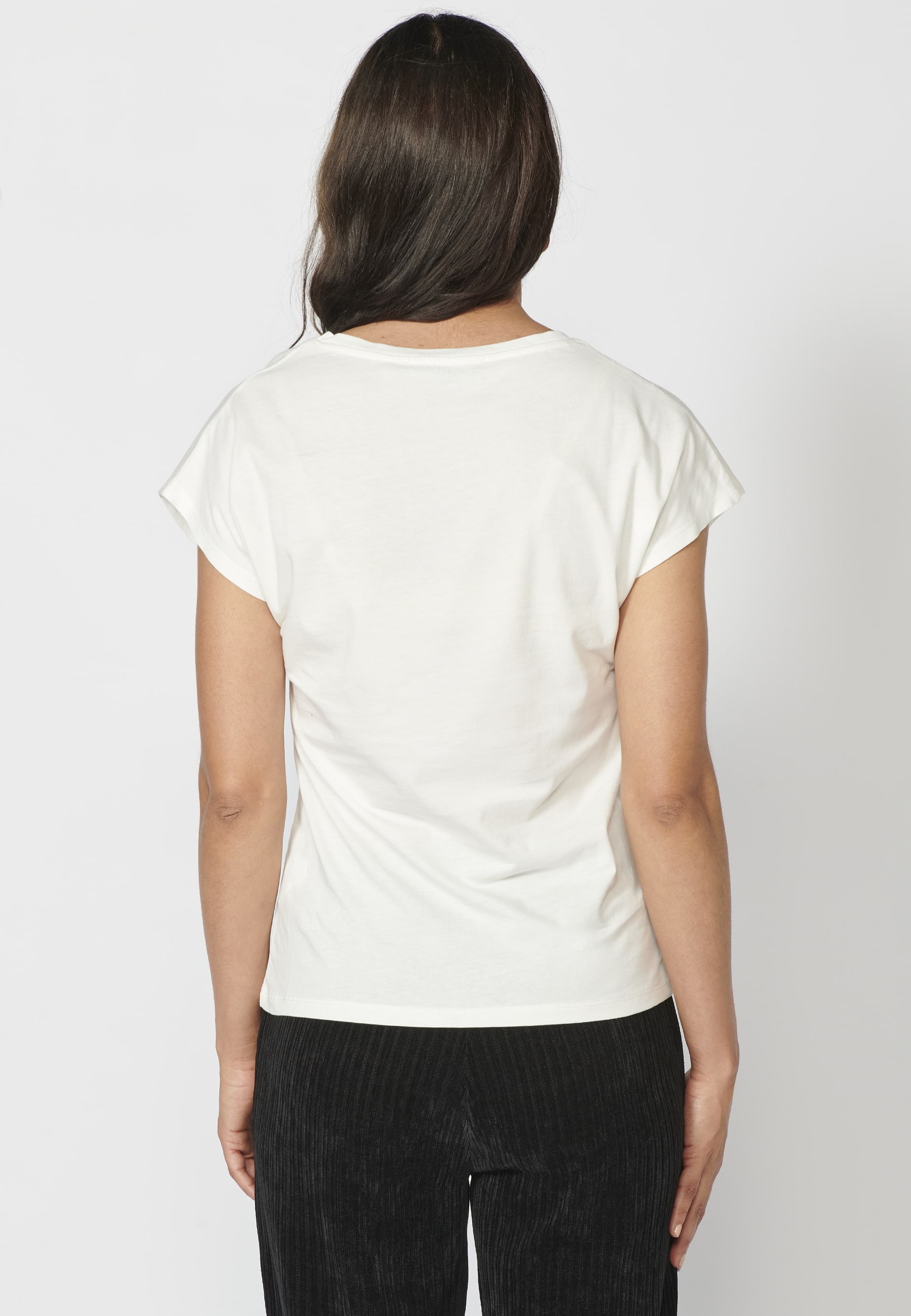 T-shirt à manches courtes en coton blanc avec col rond et imprimé devant pour Femme