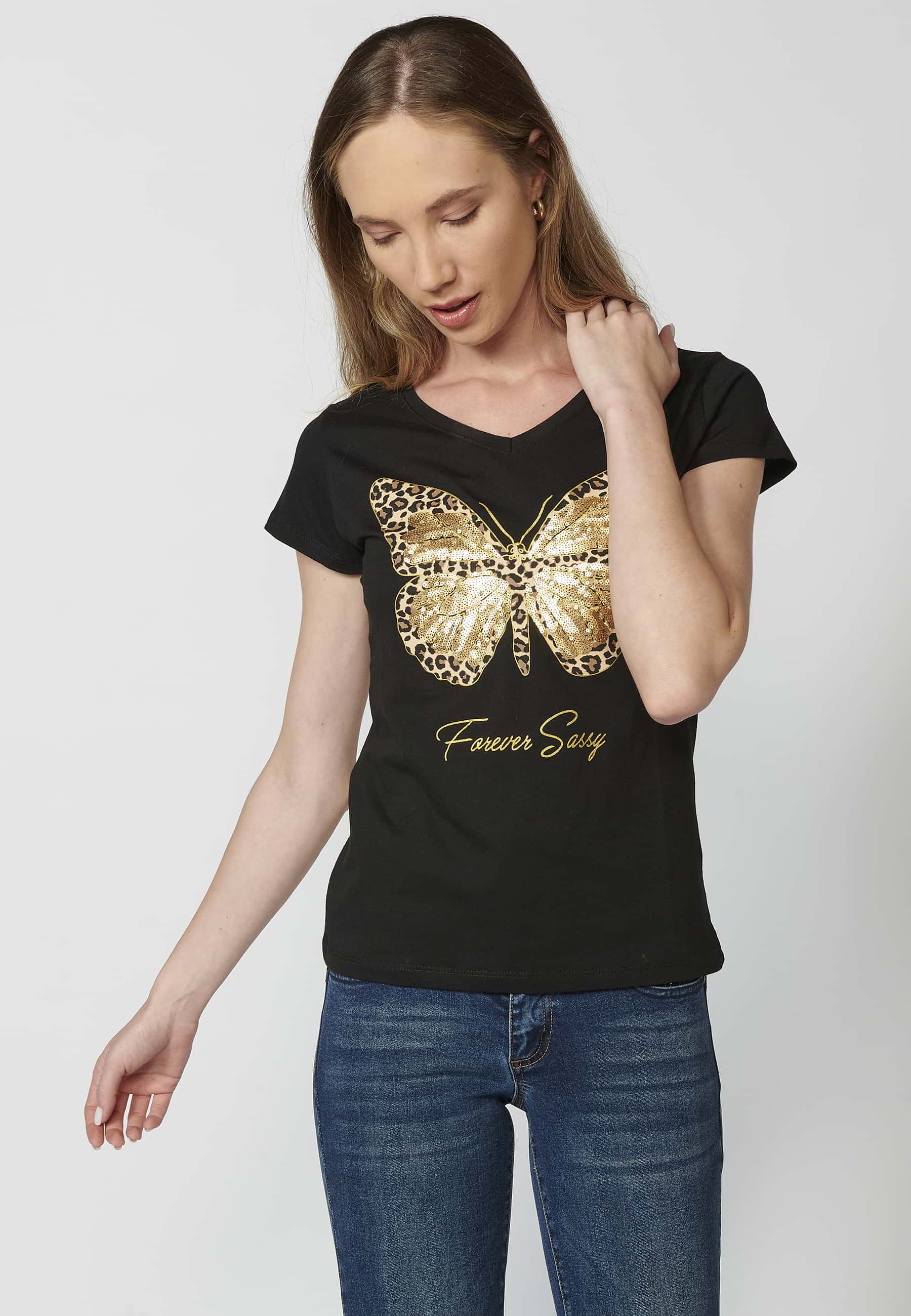 Schwarzes, kurzärmliges T-Shirt aus Baumwolle mit Schmetterlings-Print vorne und rundem Ausschnitt für Damen