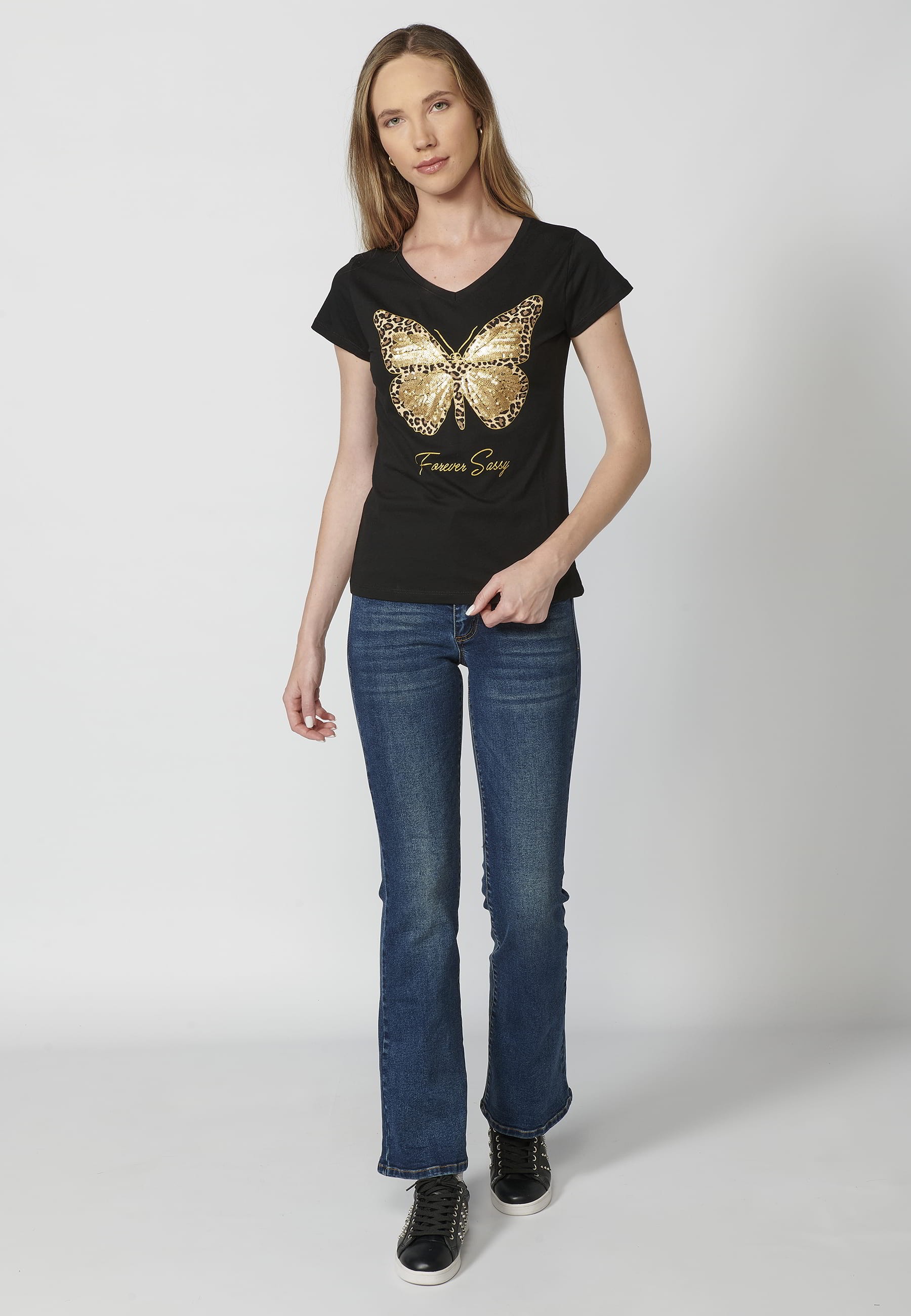 Schwarzes, kurzärmliges T-Shirt aus Baumwolle mit Schmetterlings-Print vorne und rundem Ausschnitt für Damen 4