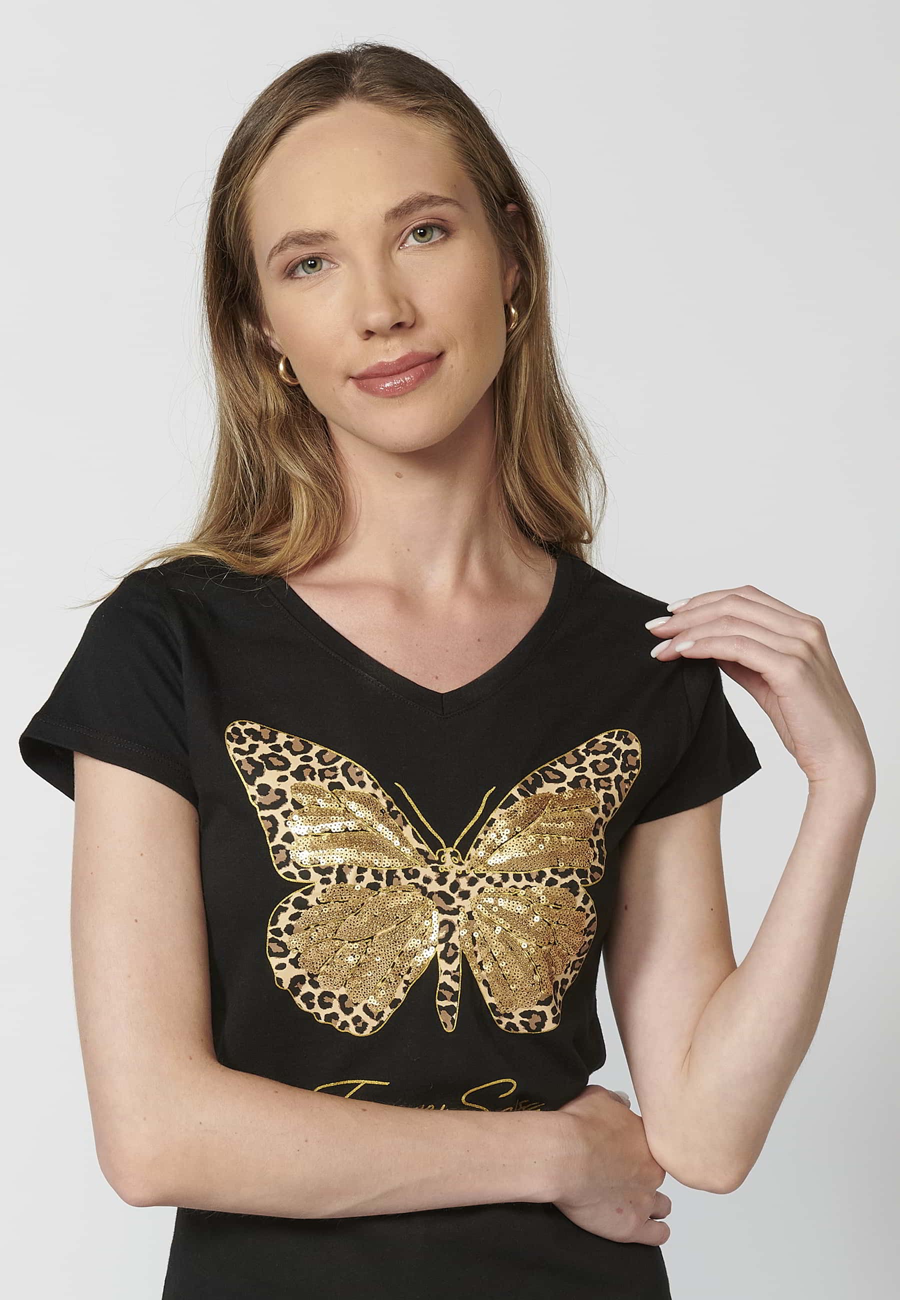 Schwarzes, kurzärmliges T-Shirt aus Baumwolle mit Schmetterlings-Print vorne und rundem Ausschnitt für Damen 3