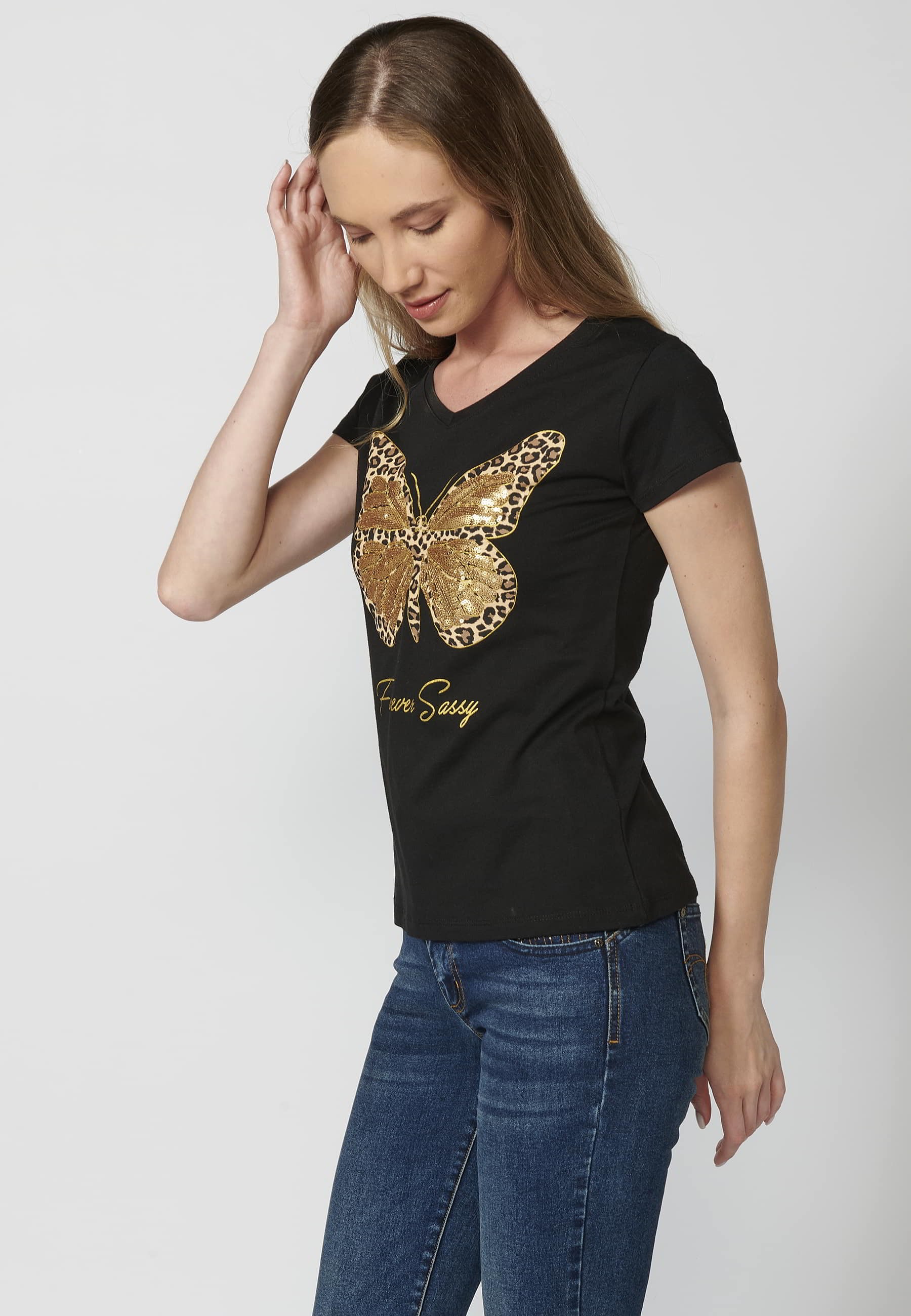Camiseta de manga corta de algodón cuello redondo estampado frontal mariposa color negro para mujer 2