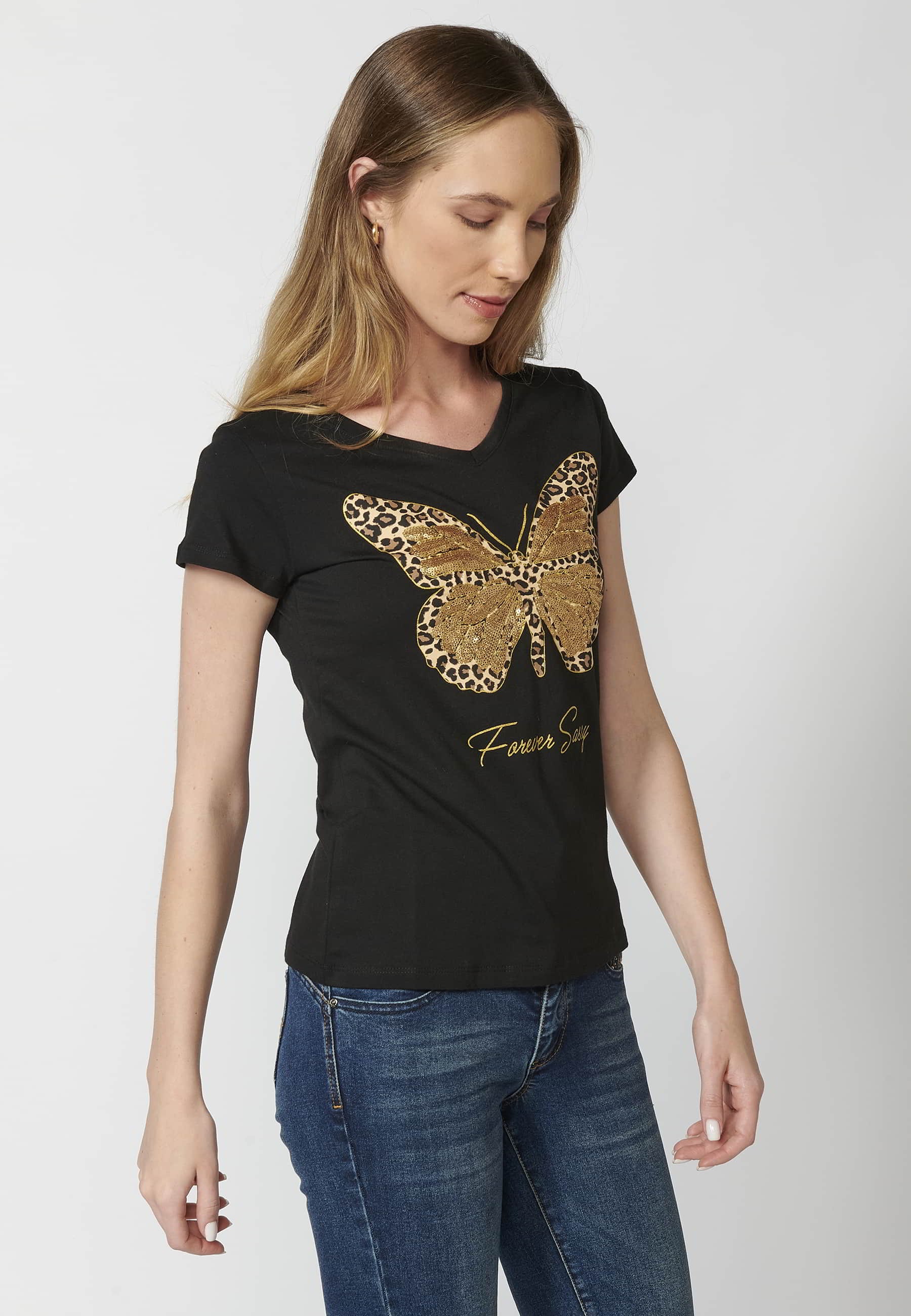 Schwarzes, kurzärmliges T-Shirt aus Baumwolle mit Schmetterlings-Print vorne und rundem Ausschnitt für Damen 1