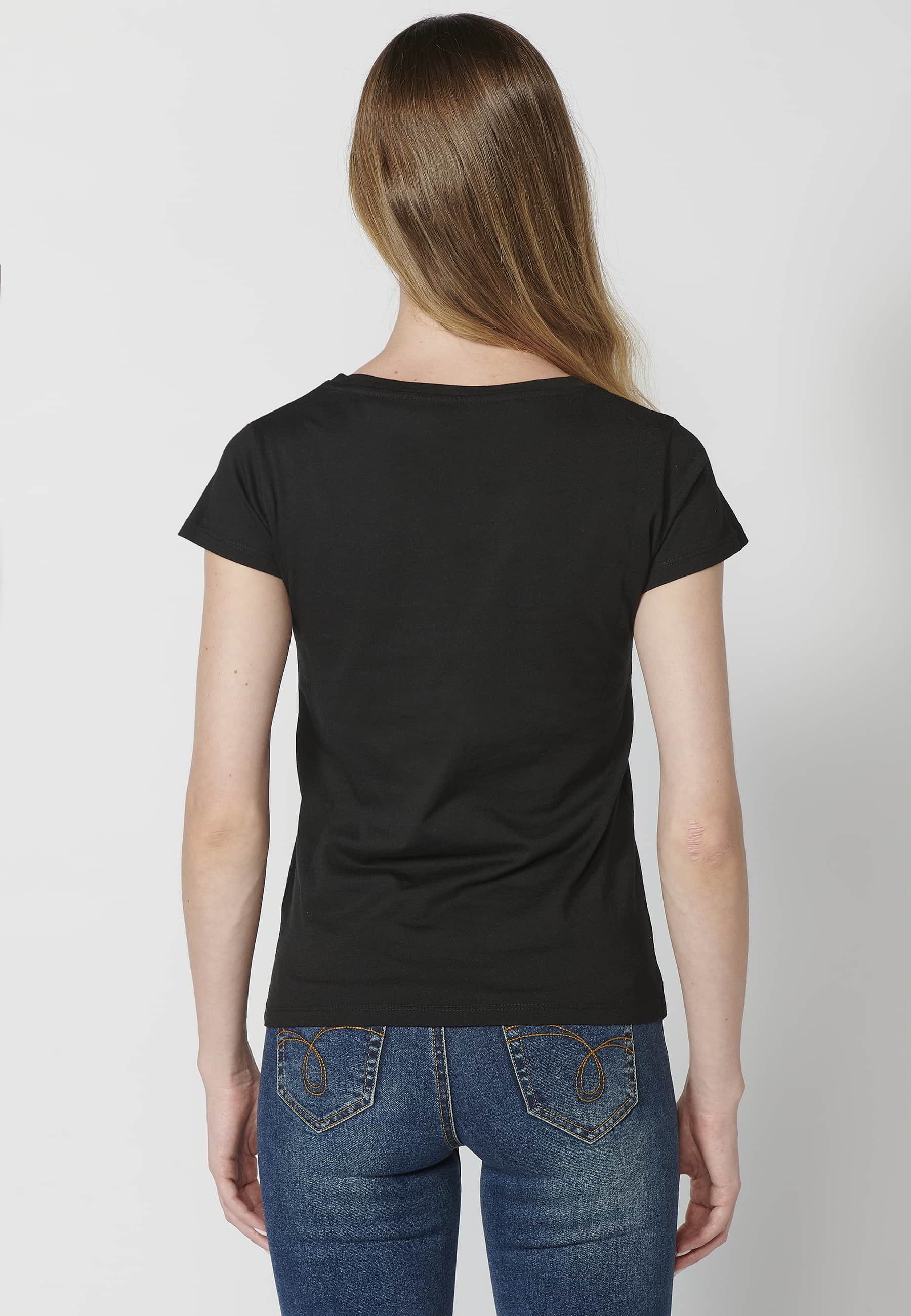 Schwarzes, kurzärmliges T-Shirt aus Baumwolle mit Schmetterlings-Print vorne und rundem Ausschnitt für Damen 5
