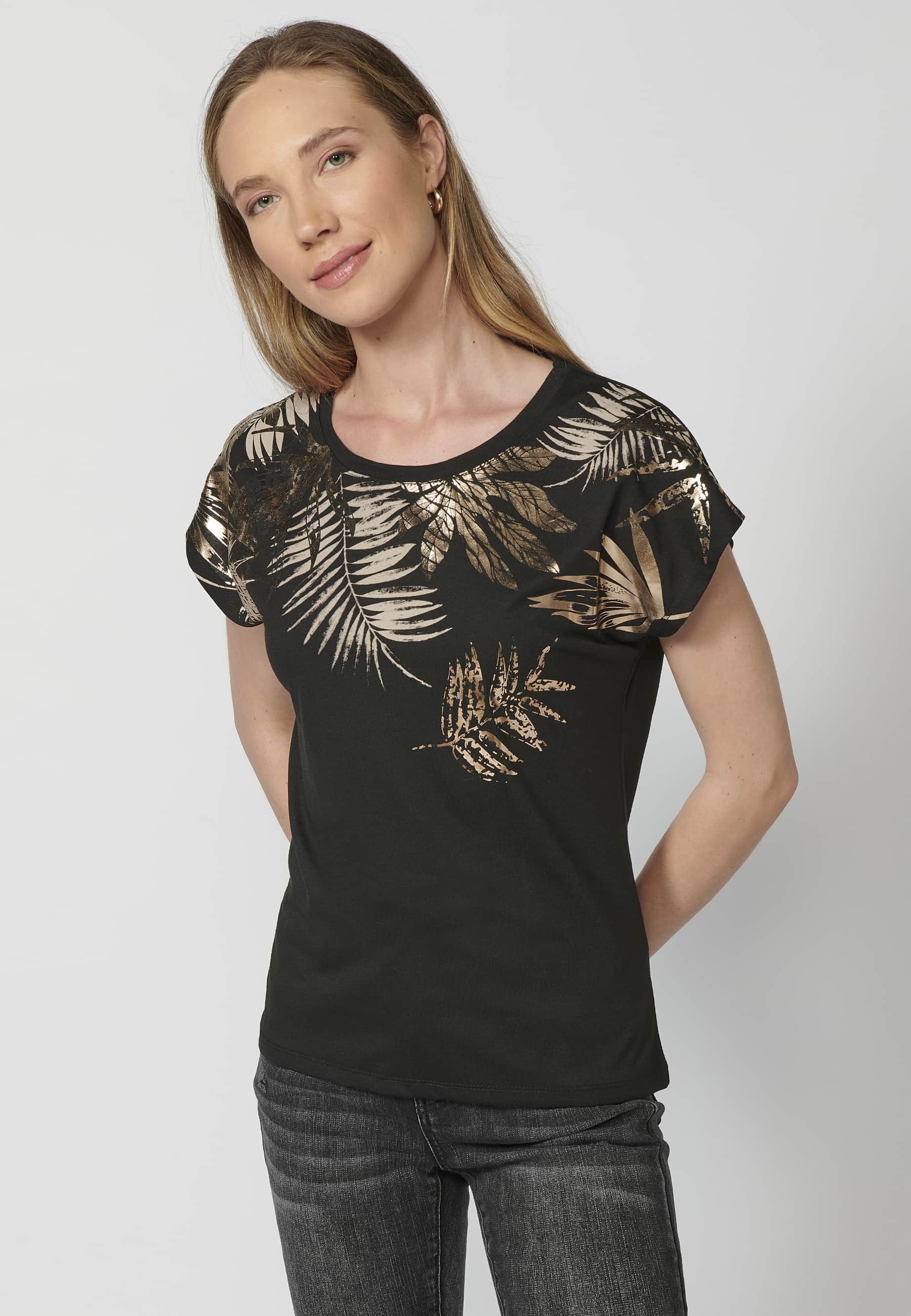 Schwarzes, kurzärmliges Damen-T-Shirt aus Baumwolle mit Rundhalsausschnitt und Blumendruck