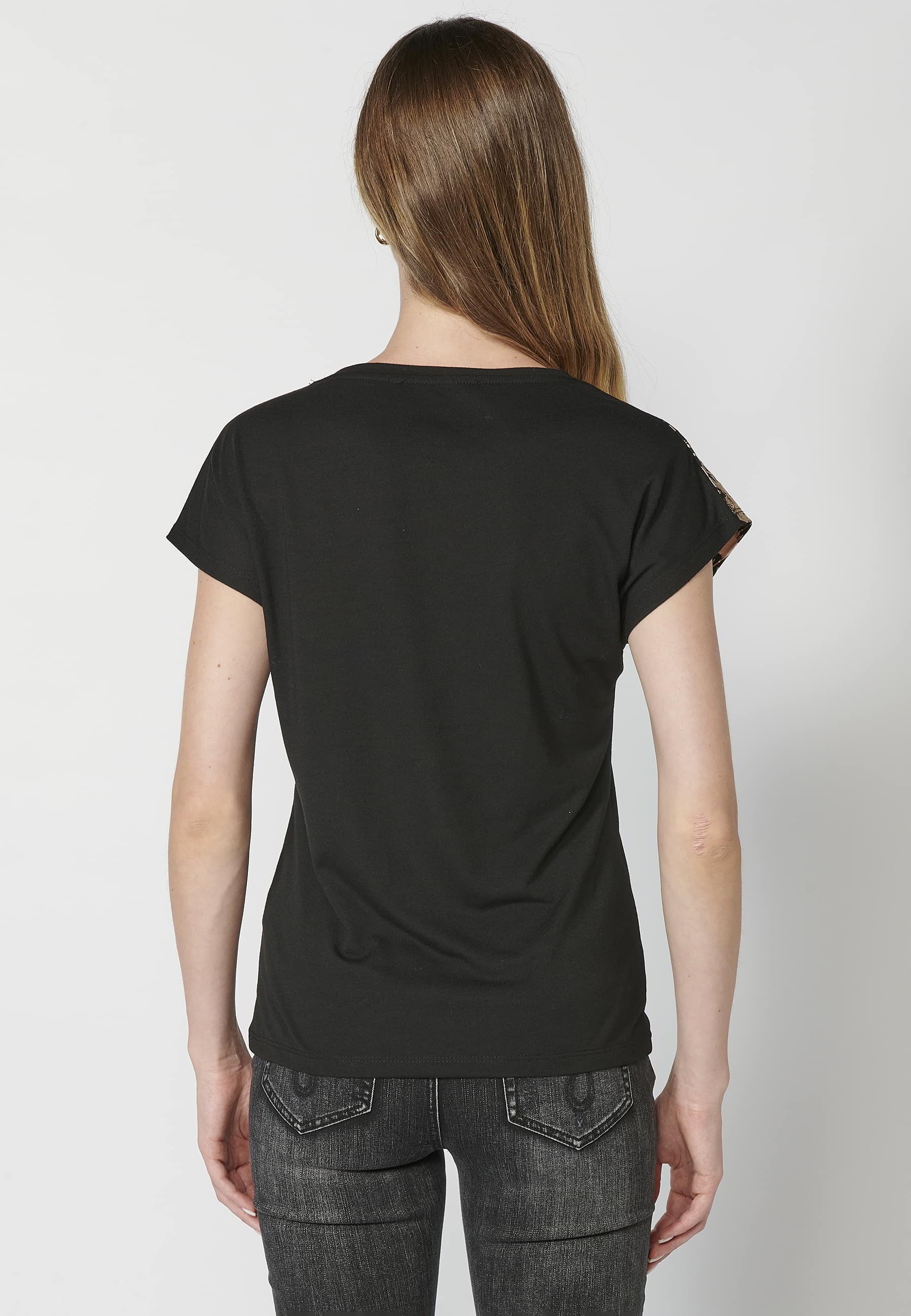 Women's black floral print round neck short-sleeved cotton T-shirt 2