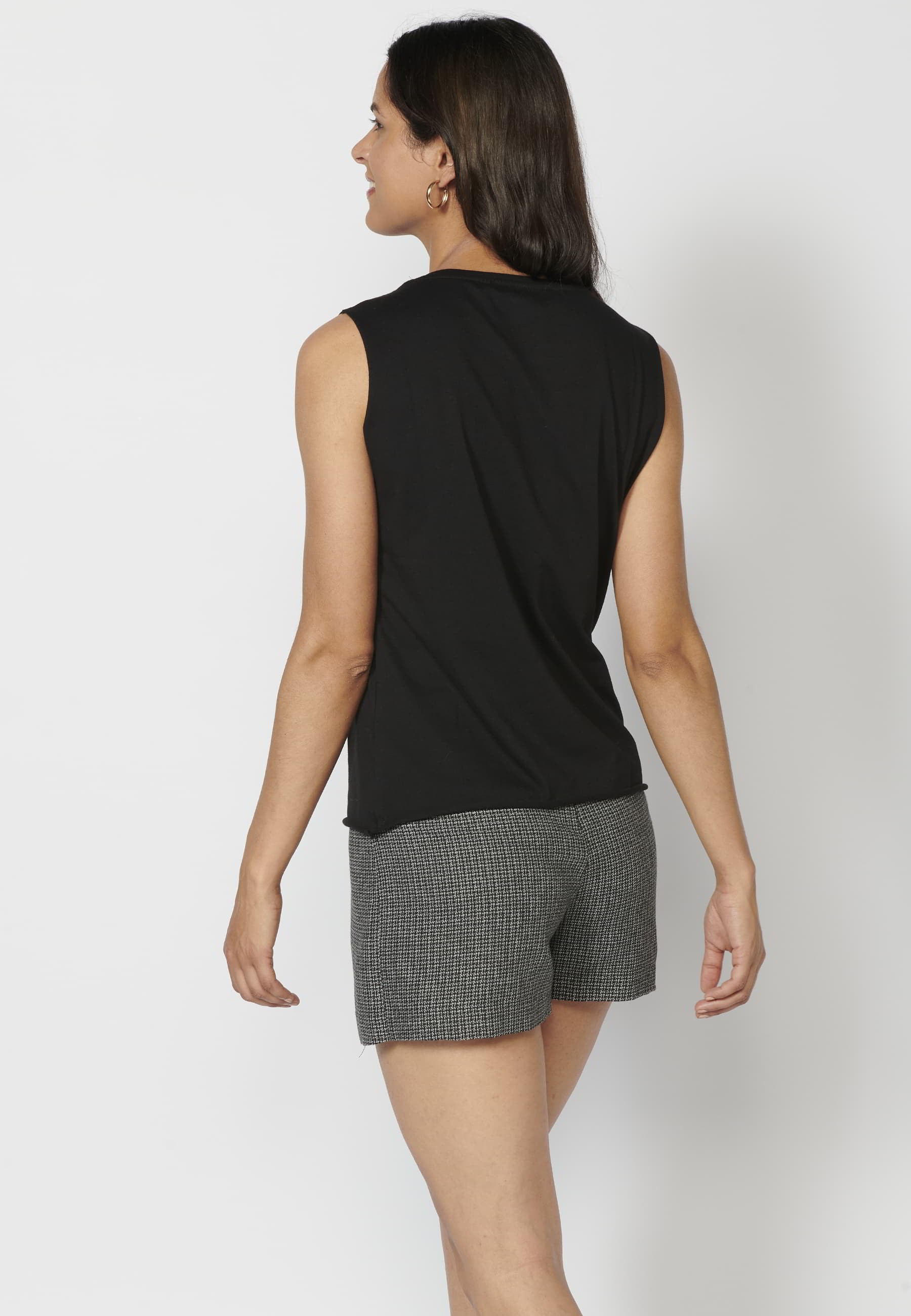 Sleeveless Cotton T-shirt with Black print for Woman