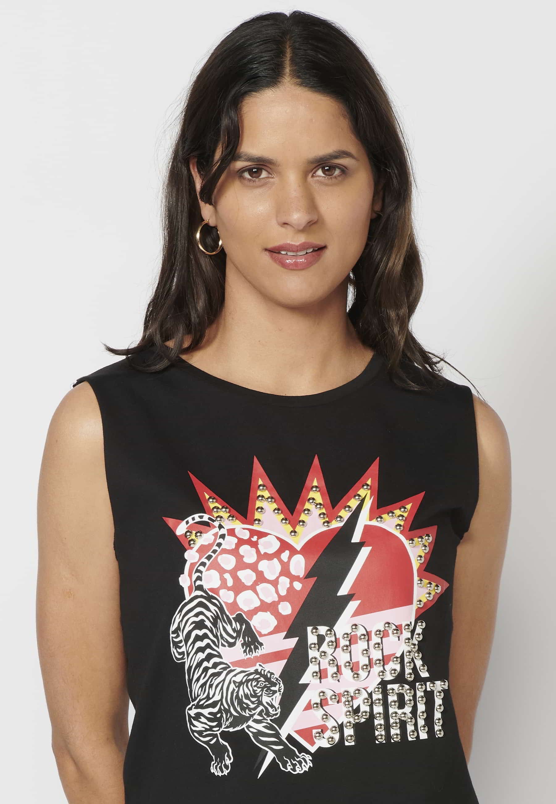 Camiseta top sin mangas de Algodón con estampado color Negro para Mujer