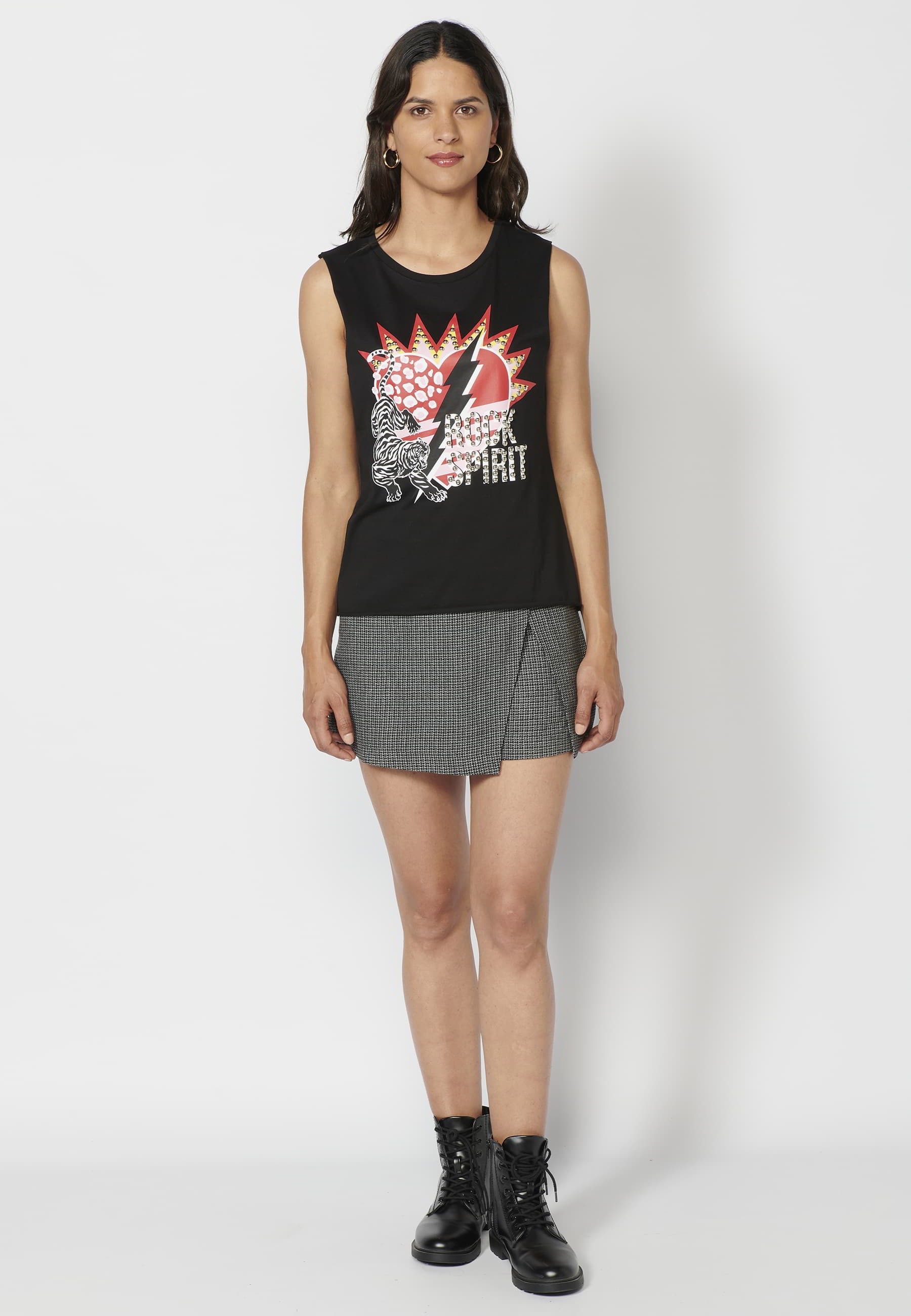 Camiseta top sin mangas de Algodón con estampado color Negro para Mujer