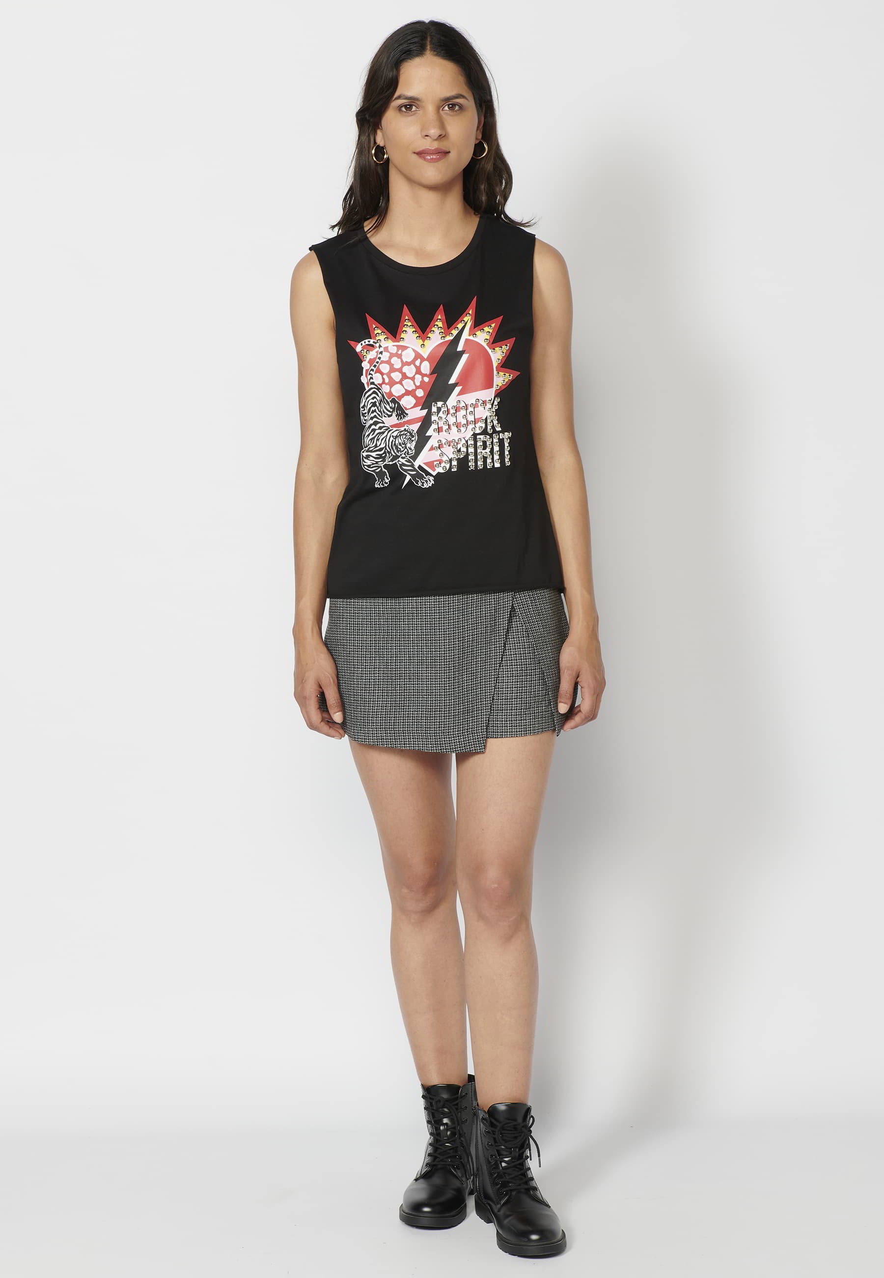 Sleeveless Cotton T-shirt with Black print for Woman